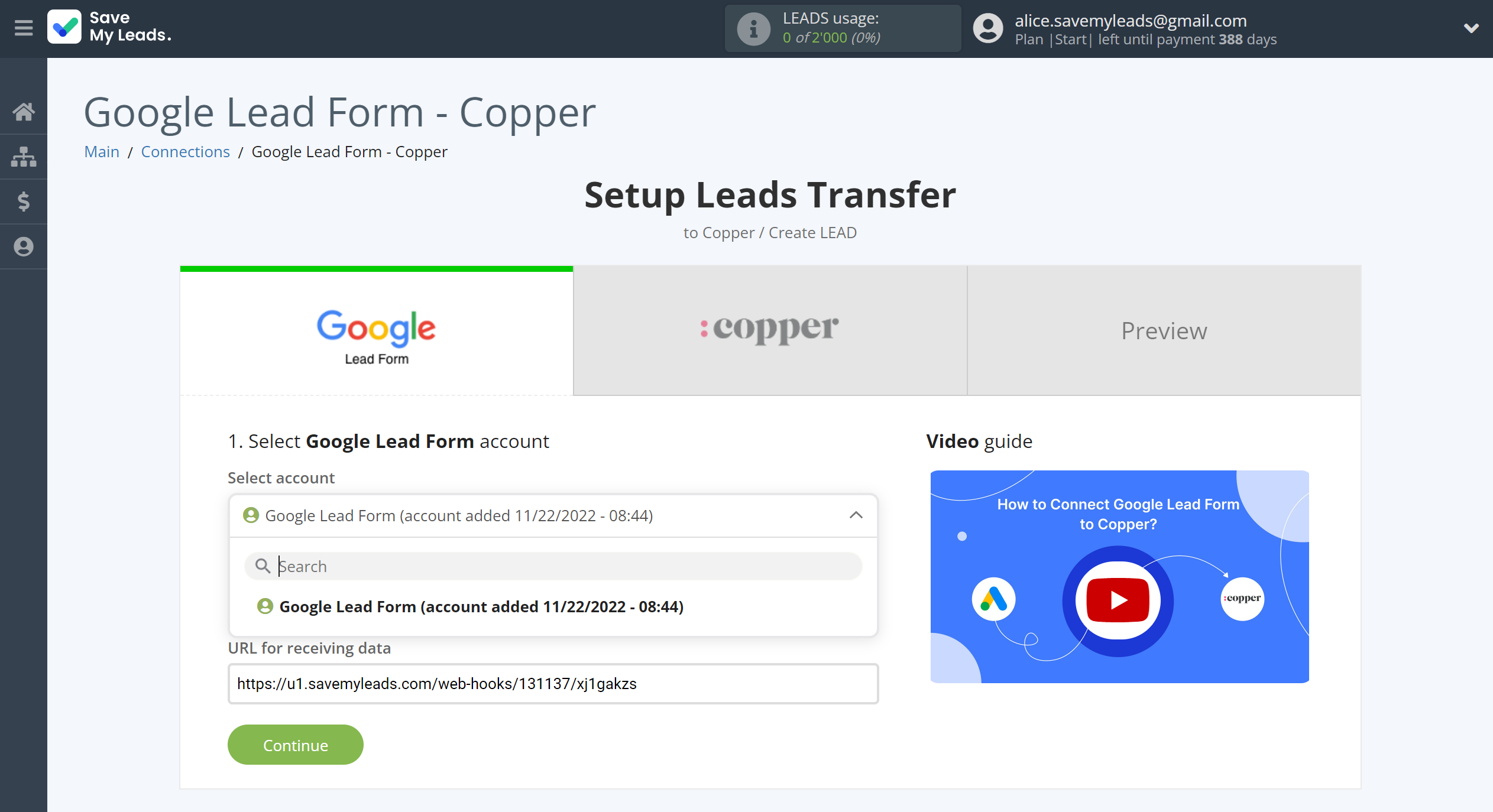 How to Connect Google Lead Form with Copper Create Lead | Data Source account selection