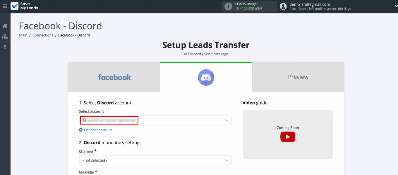 Facebook and Discord integration | Select Discord account
