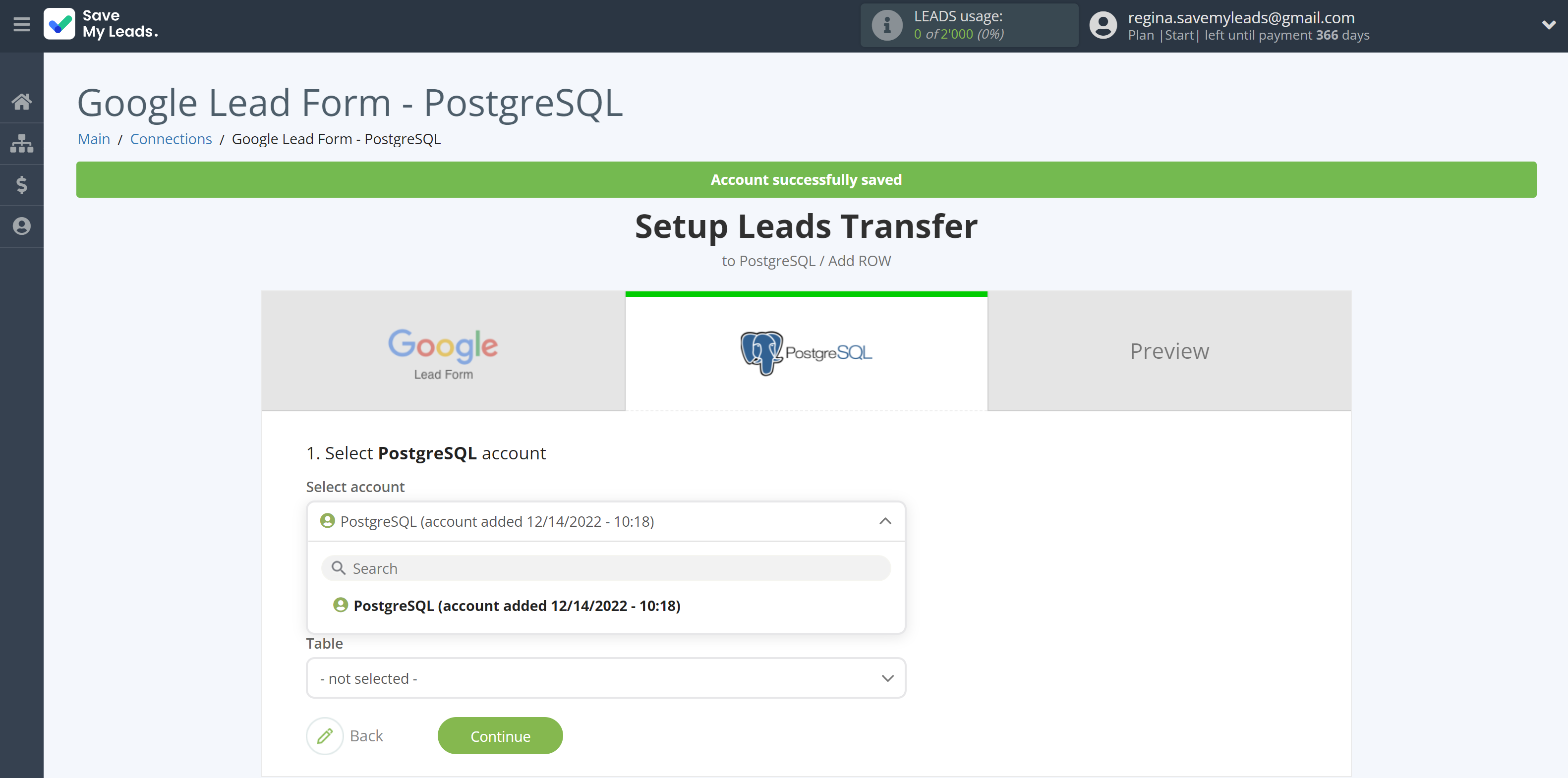 How to Connect Google Lead Form with PostgreSQL | Data Destination account selection