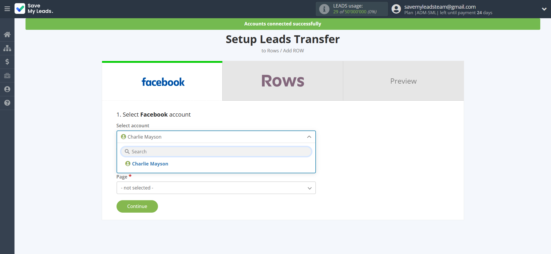 How to Connect Facebook with Rows Add Row | Data Source account selection
