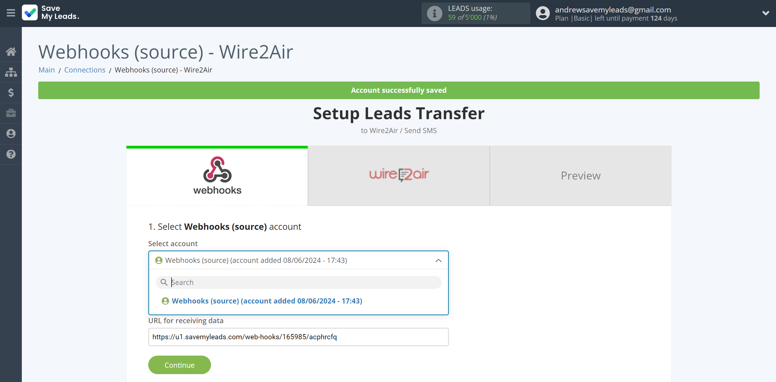 How to Connect Webhooks with Wire2Air | Data Source account selection