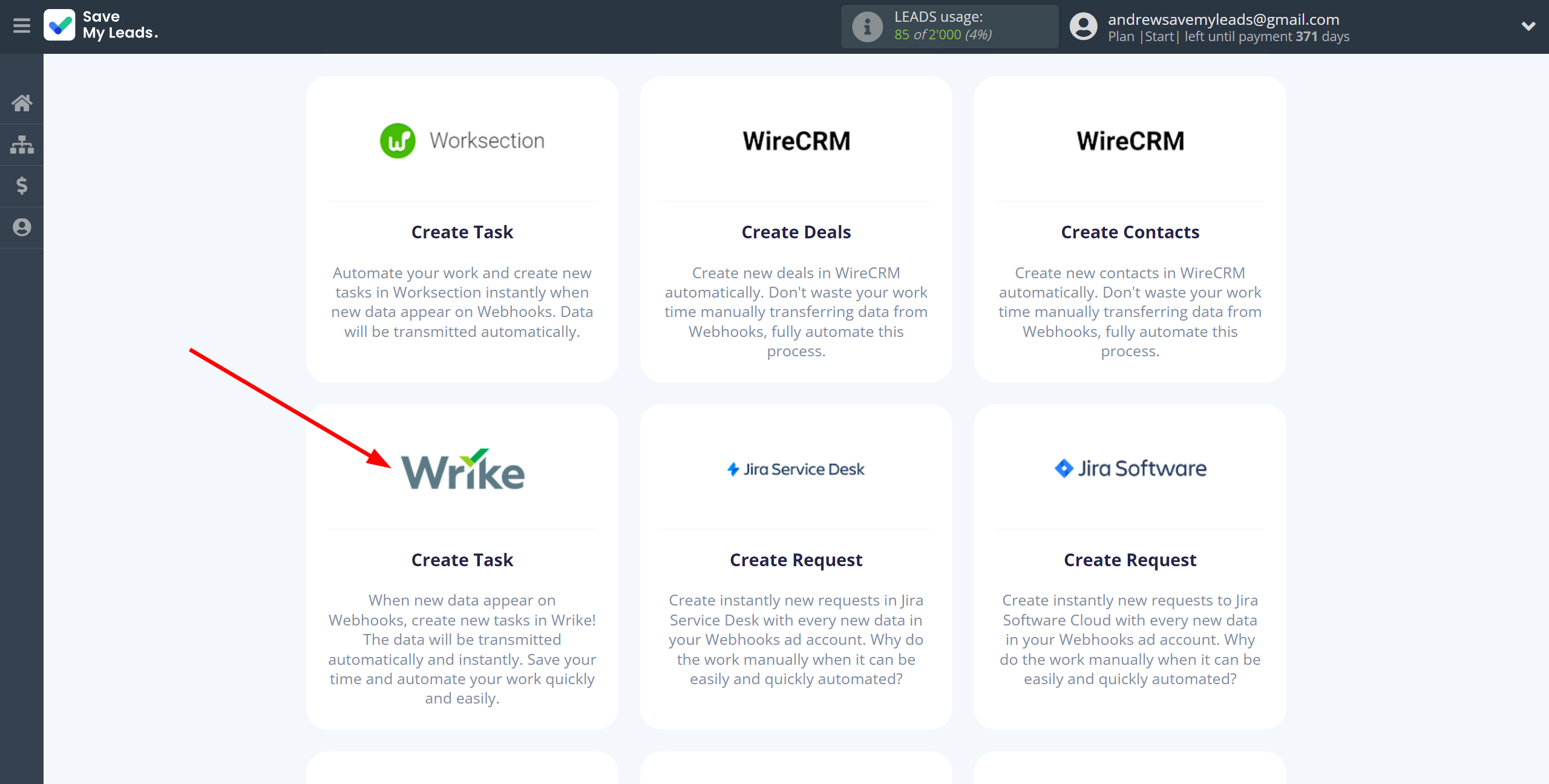 How to Connect Webhooks with Wrike | Data Destination system selection