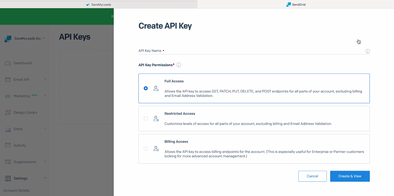 Facebook and SendGrid integration | API key creation