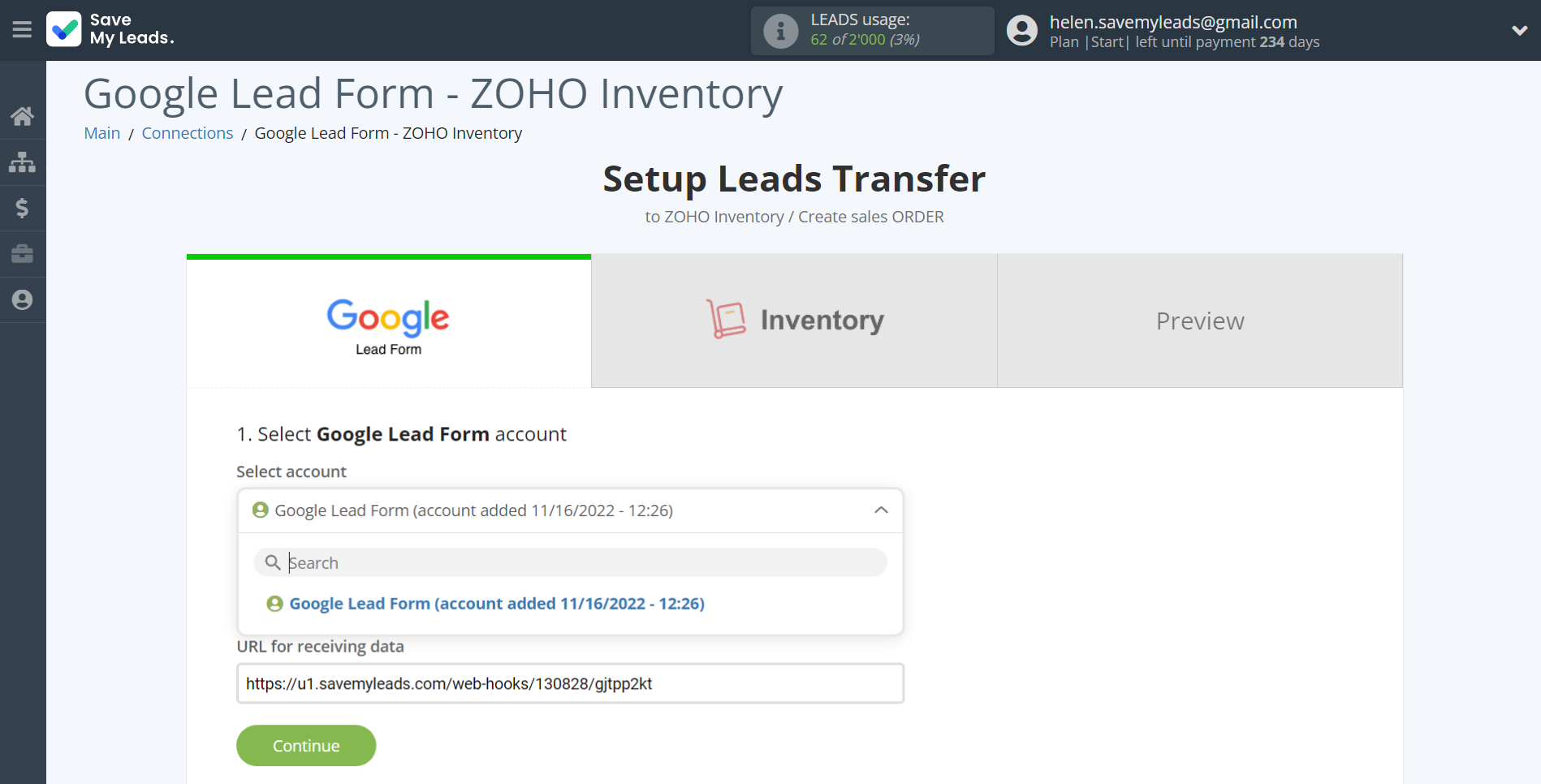 How to Connect Google Lead Form with Zoho Inventory Create sales Order | Data Source account selection