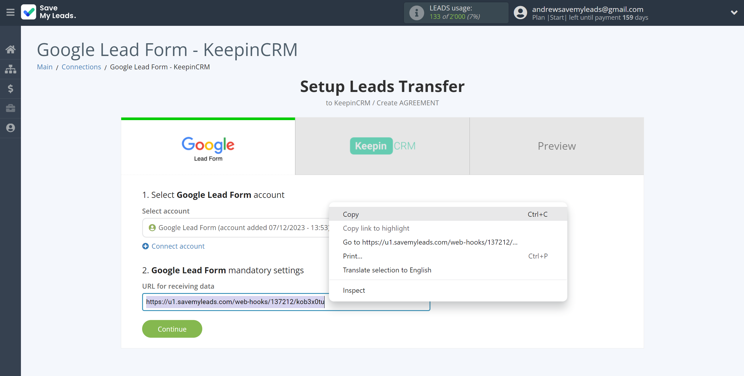 How to Connect Google Lead Form with KeepinCRM Create Agreement | Data Source account connection