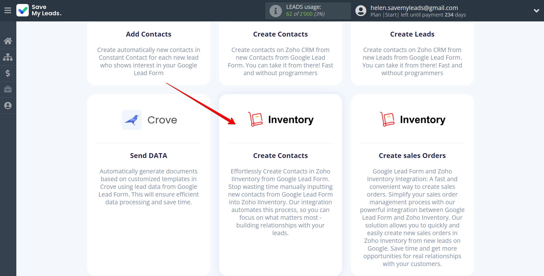 How to Connect Google Lead Form with Zoho Inventory Create Contacts | Data Destination system selection