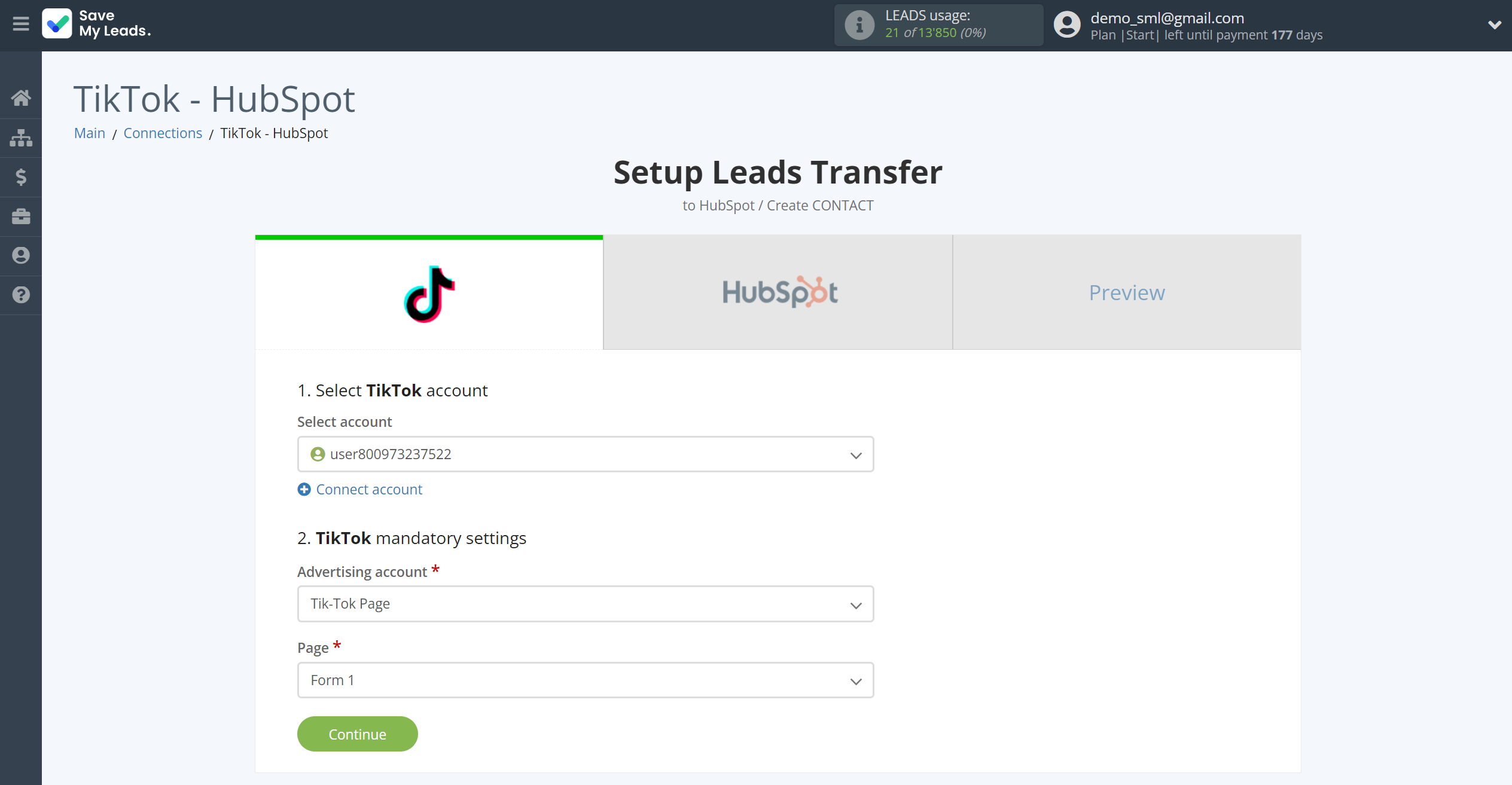 How to Connect TikTok with HubSpot Create Contacts | Data Source account connection