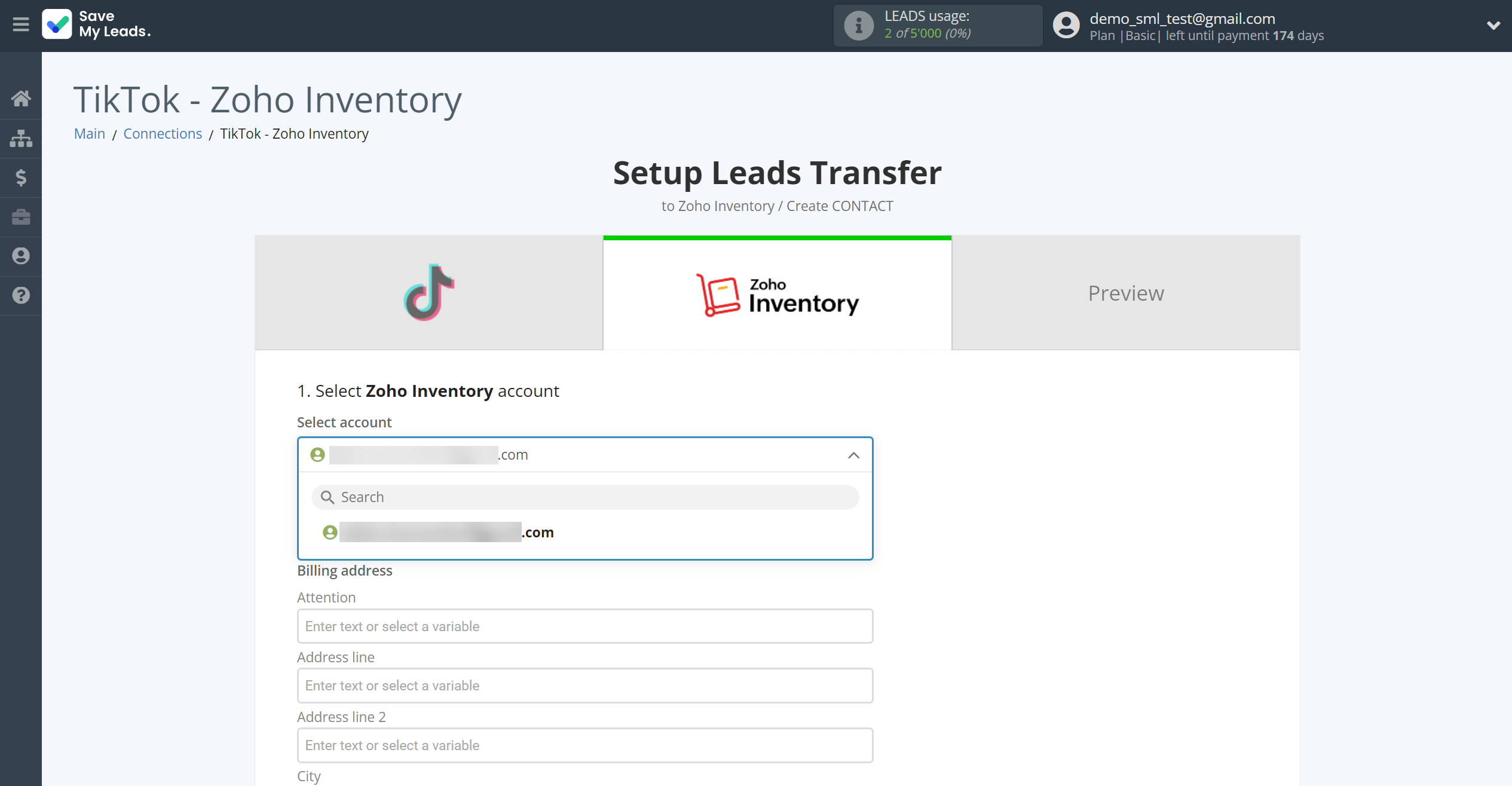 How to Connect TikTok with Zoho Inventory Create Contacts | Data Destination account selection