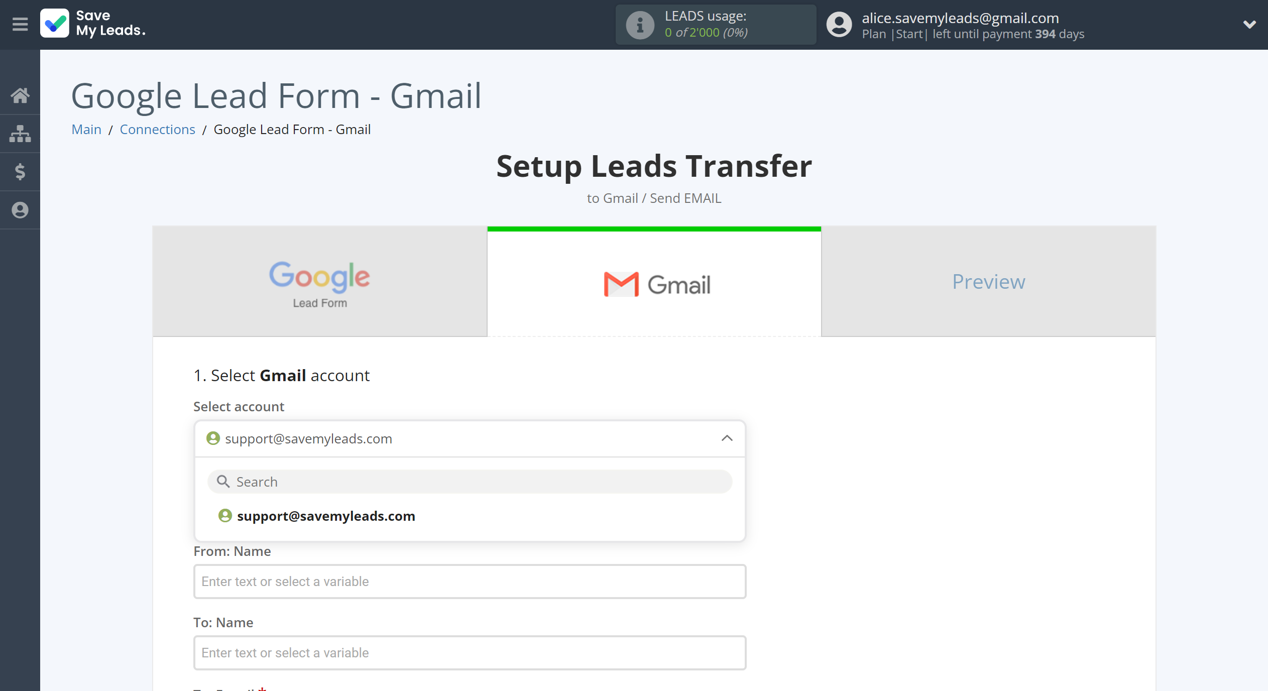 How to Connect Google Lead Form with Gmail |&nbsp;Data Destination account selection