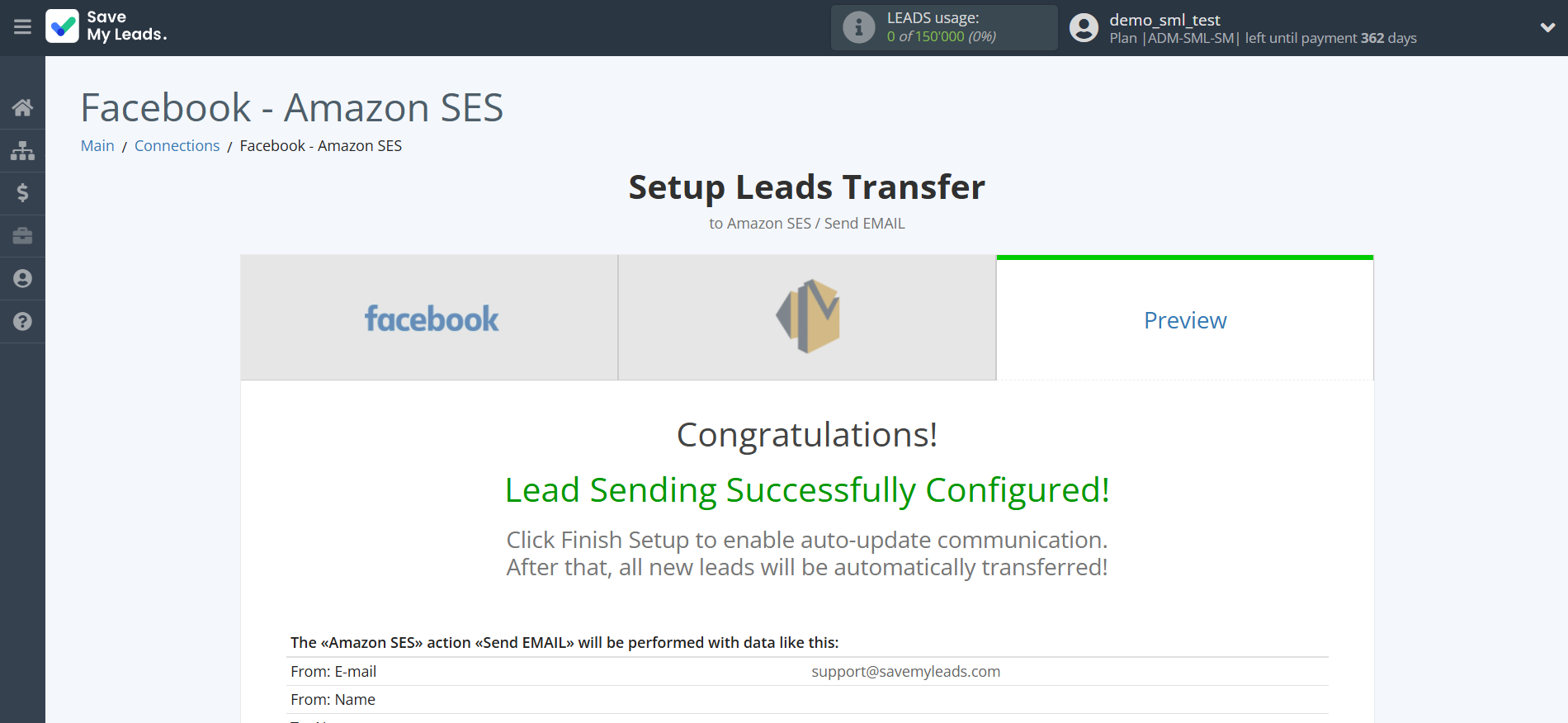 How to Connect Facebook with Amazon SES | Test data