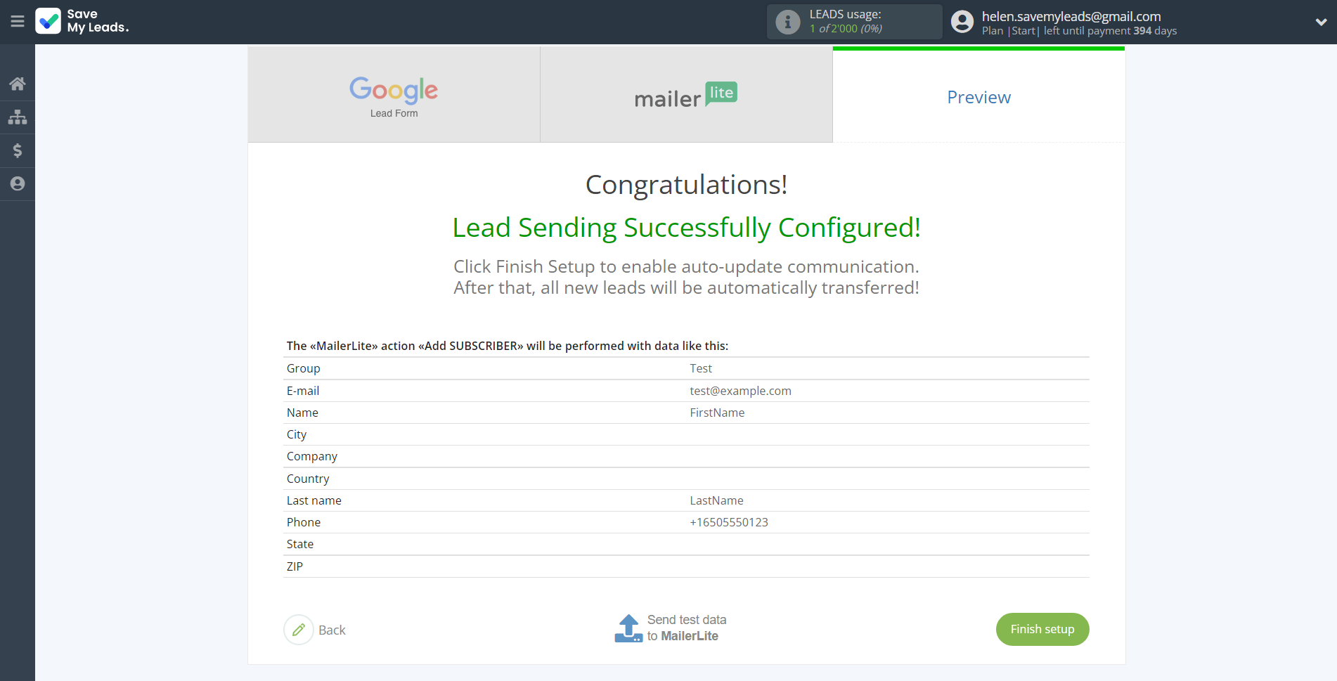 How to Connect Google Lead Form with MailerLite | Test data
