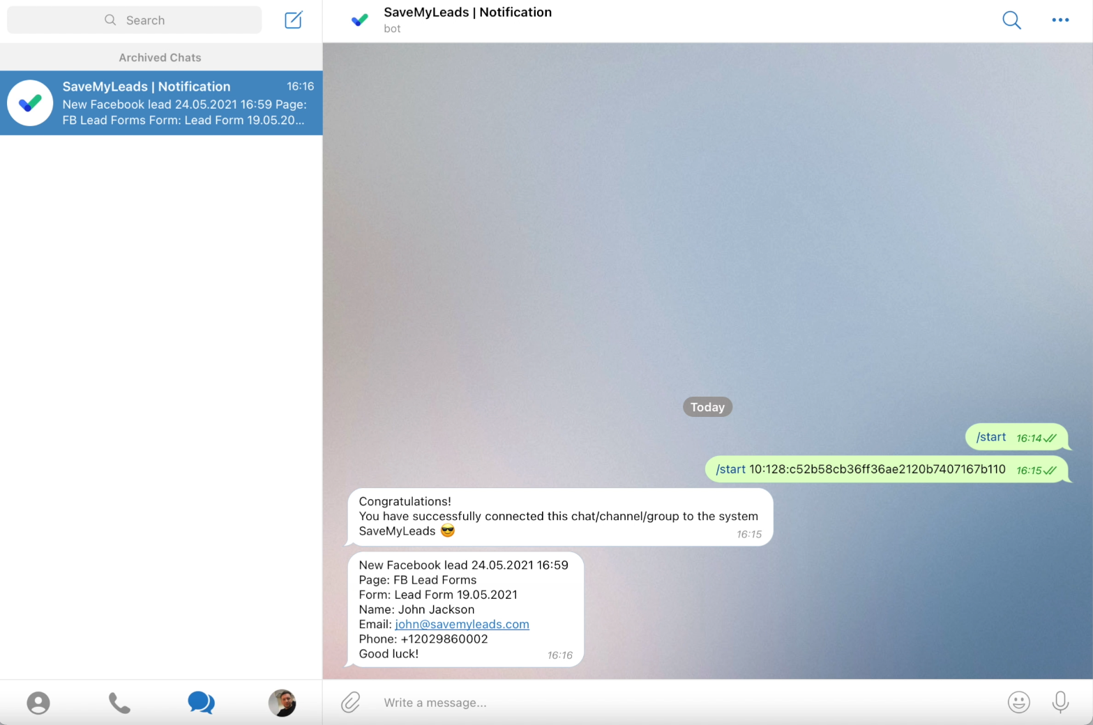 How to set up the upload of new leads from a Facebook advertising account in Telegram |&nbsp;&nbsp;Example message with lead details
