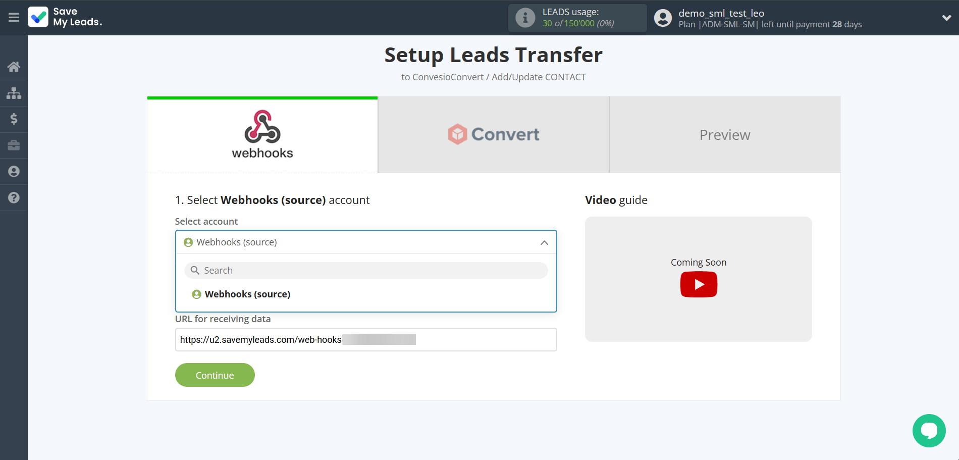 How to Connect Webhooks with ConvesioConvert | Data Source account selection