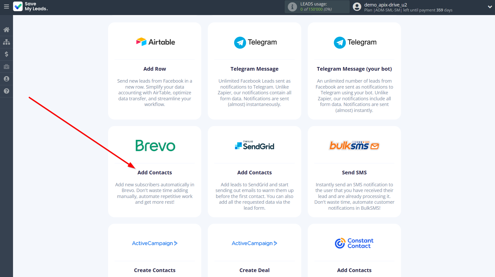 How to Connect Facebook with Brevo | Data Destination system selection