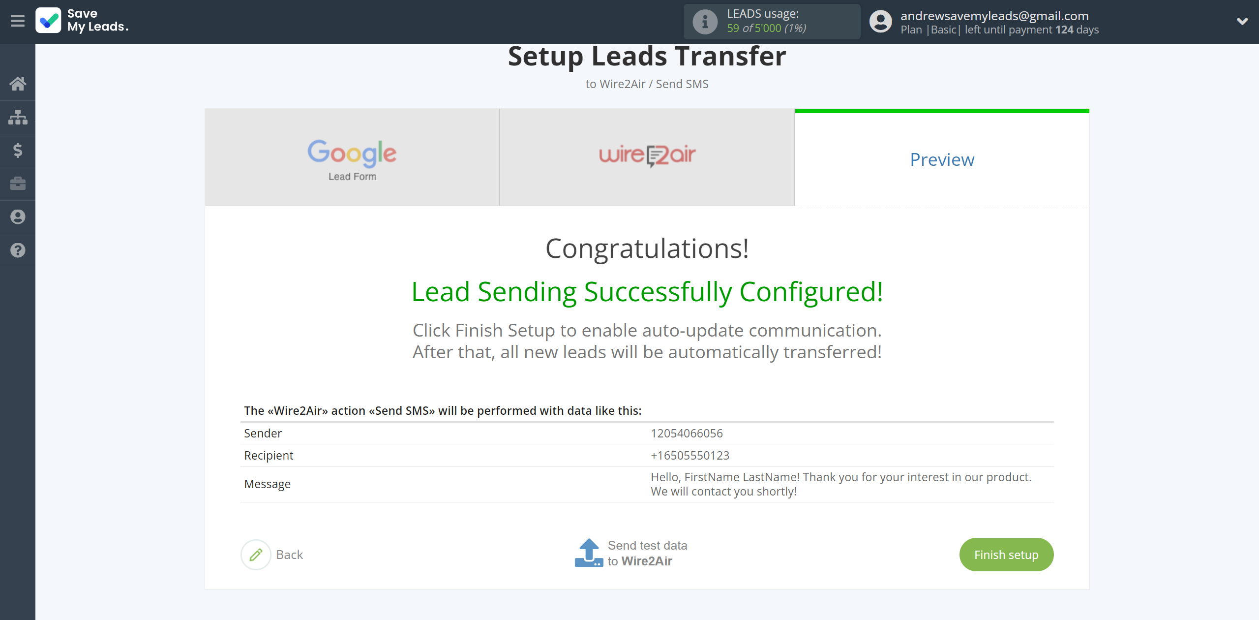 How to Connect Google Lead Form with Wire2Air | Test data