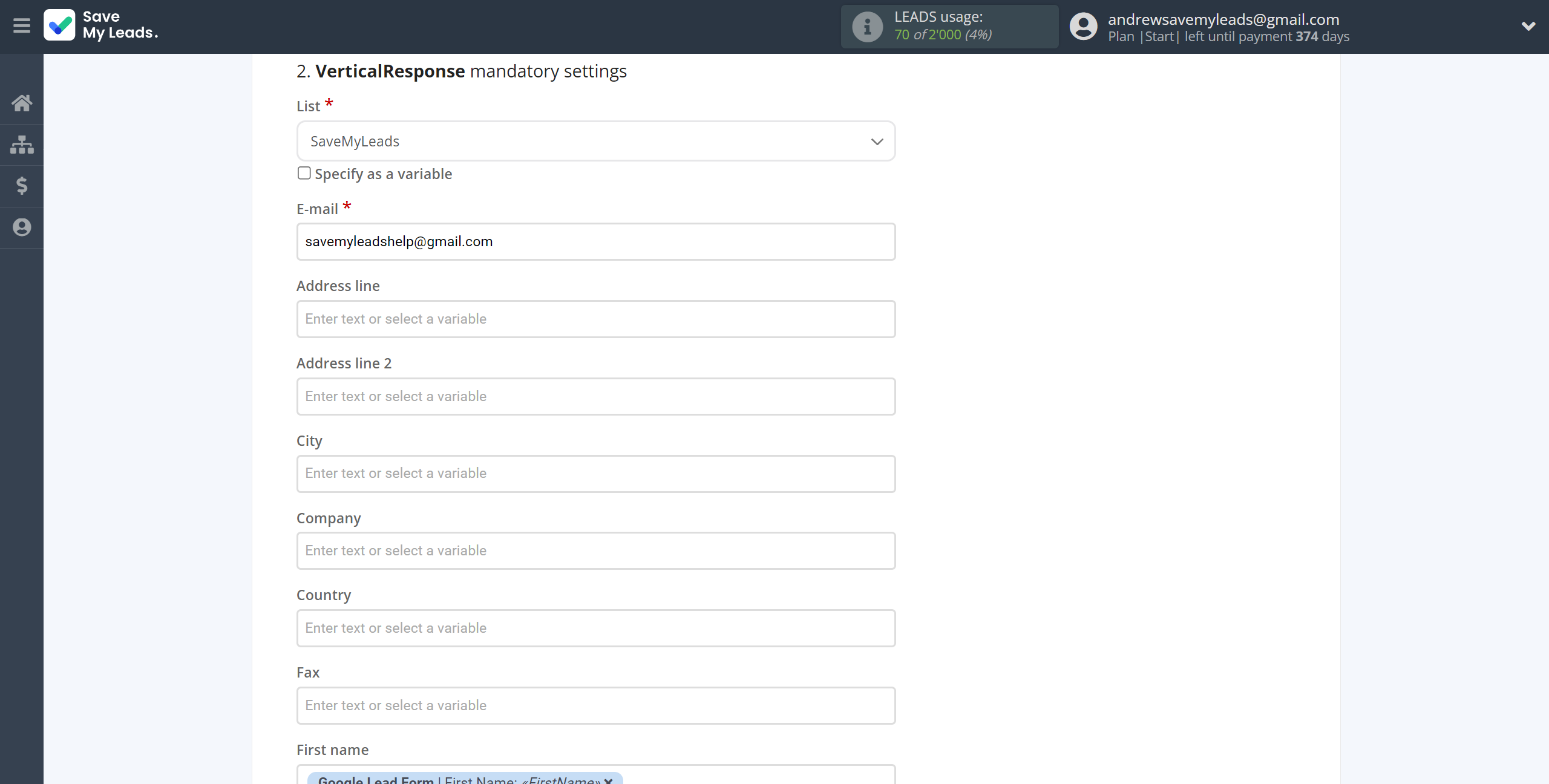 How to Connect Google Lead Form with VerticalResponse | Assigning fields