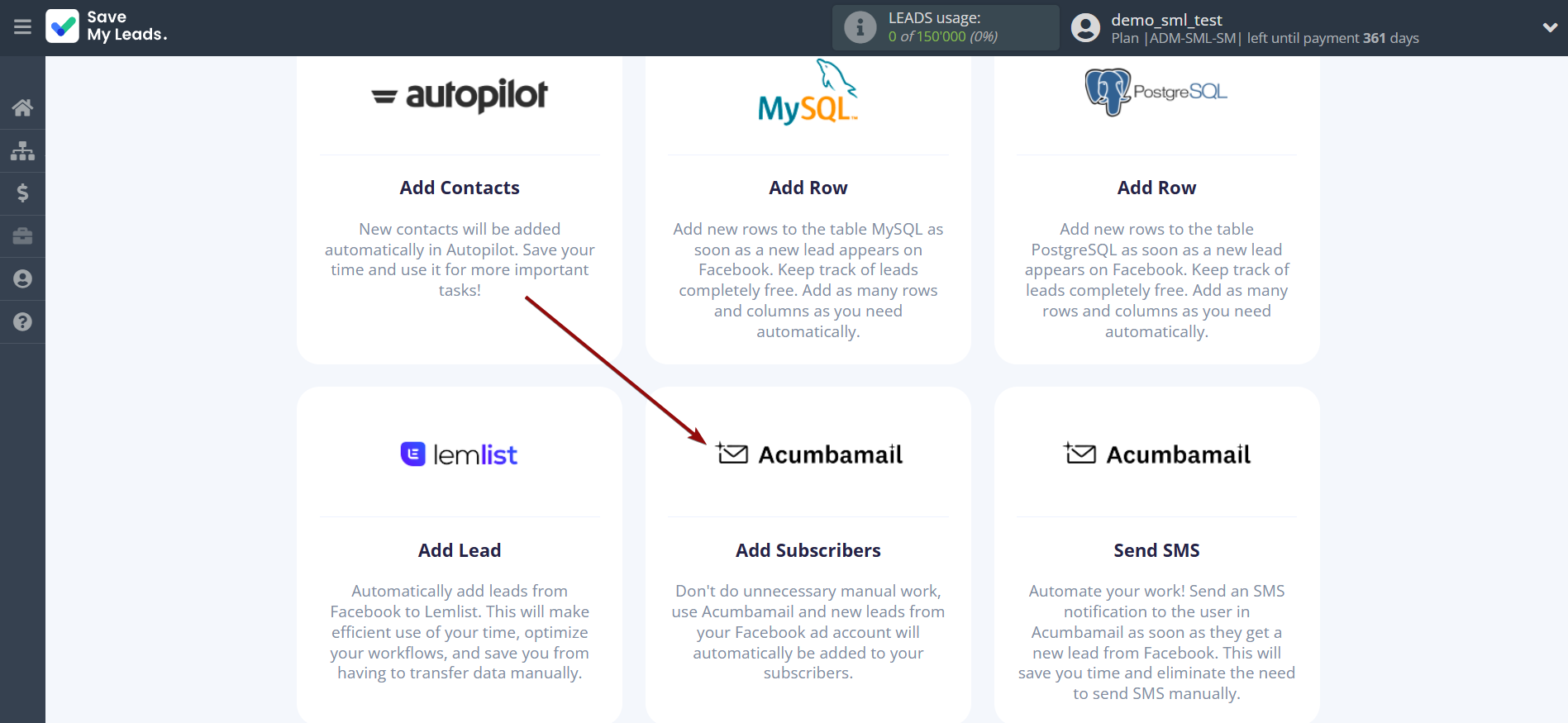 How to Connect Facebook with Acumbamail Add Subscribers | Data Destination system selection