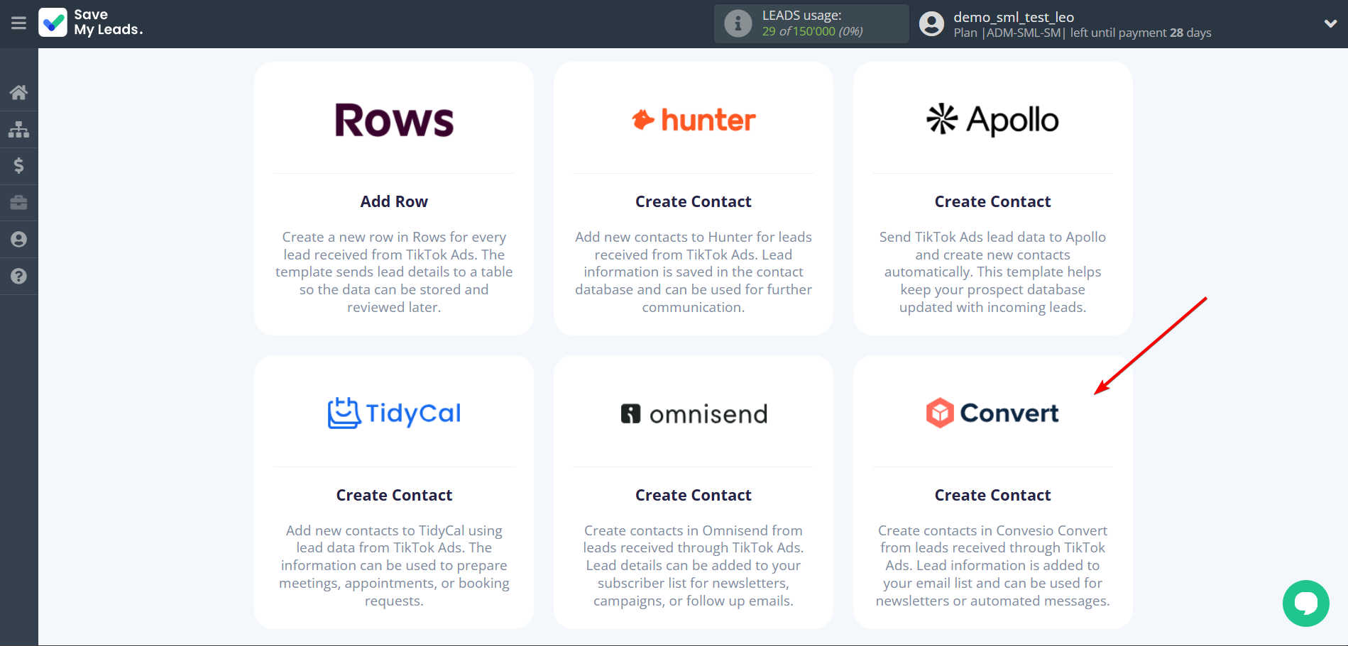 How to Connect TikTok with ConvesioConvert | Data Destination system selection
