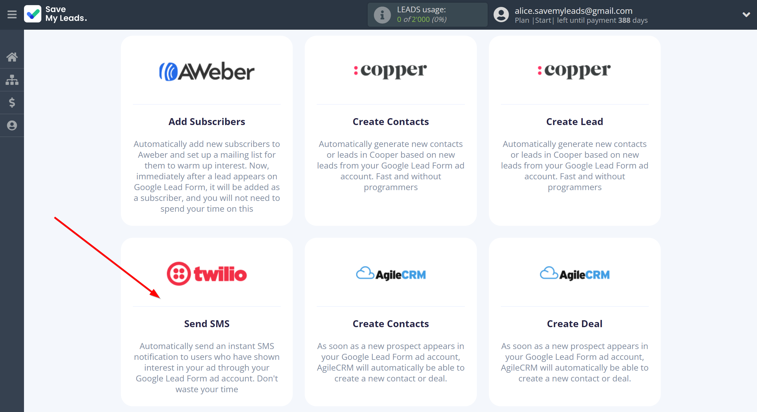 How to Connect Google Lead Form with Twilio | Data Destination system selection