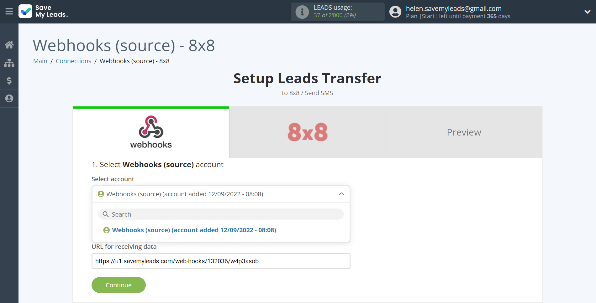 How to Connect Webhooks with 8x8 | Data Source account selection