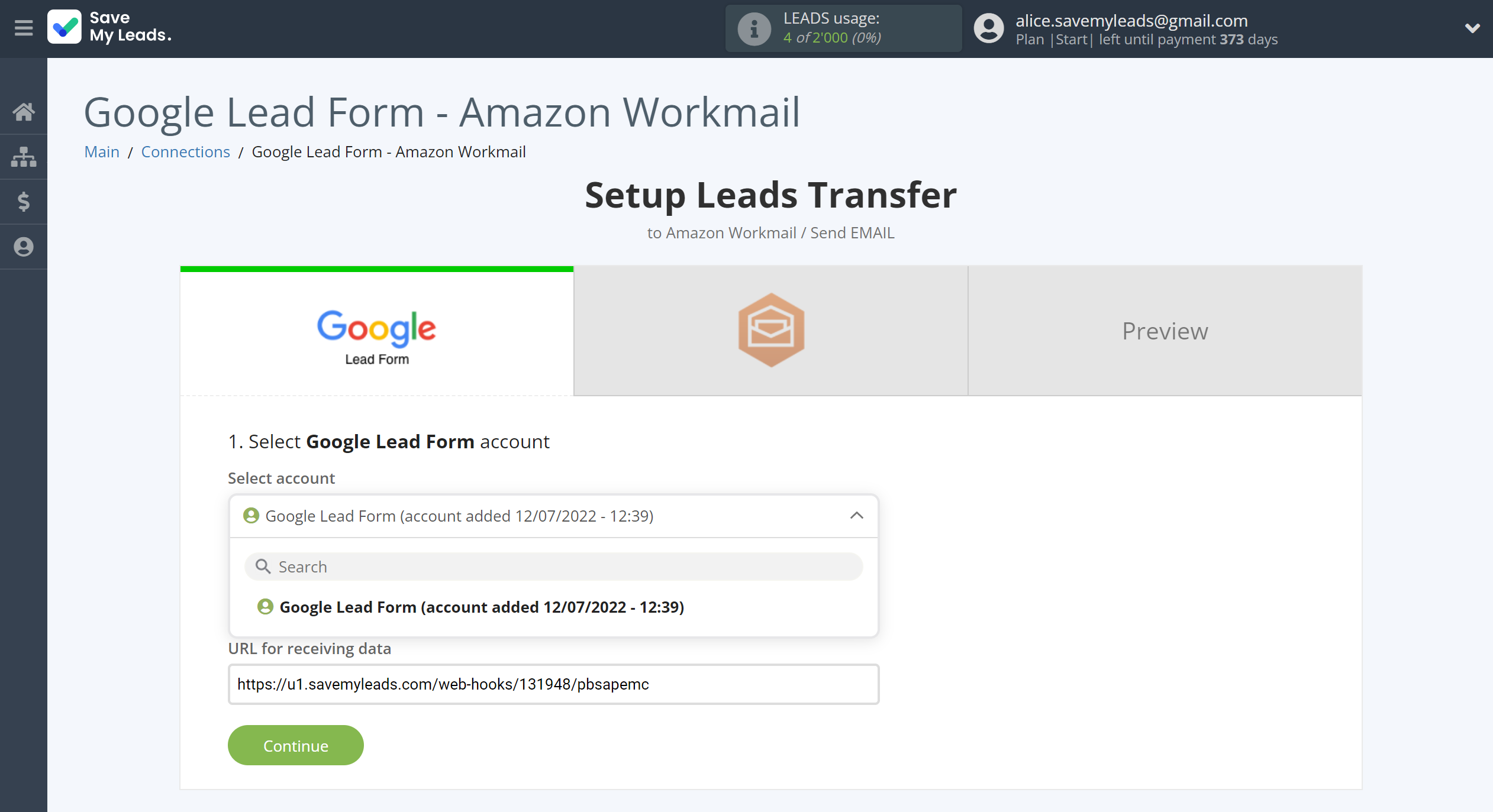 How to Connect Google Lead Form with Amazon Workmail | Data Source account selection