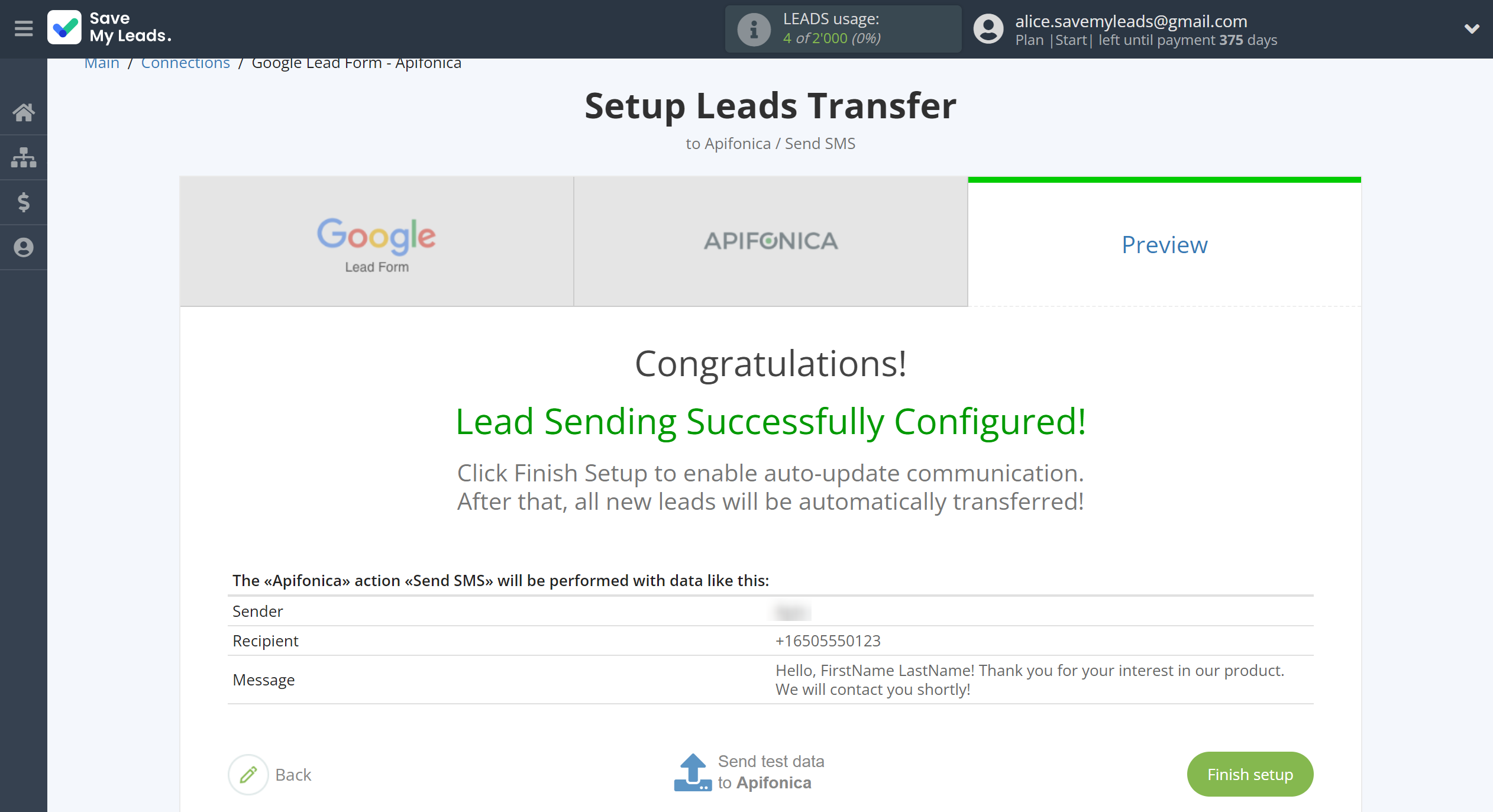 How to Connect Google Lead Form with Apifonica | Test data