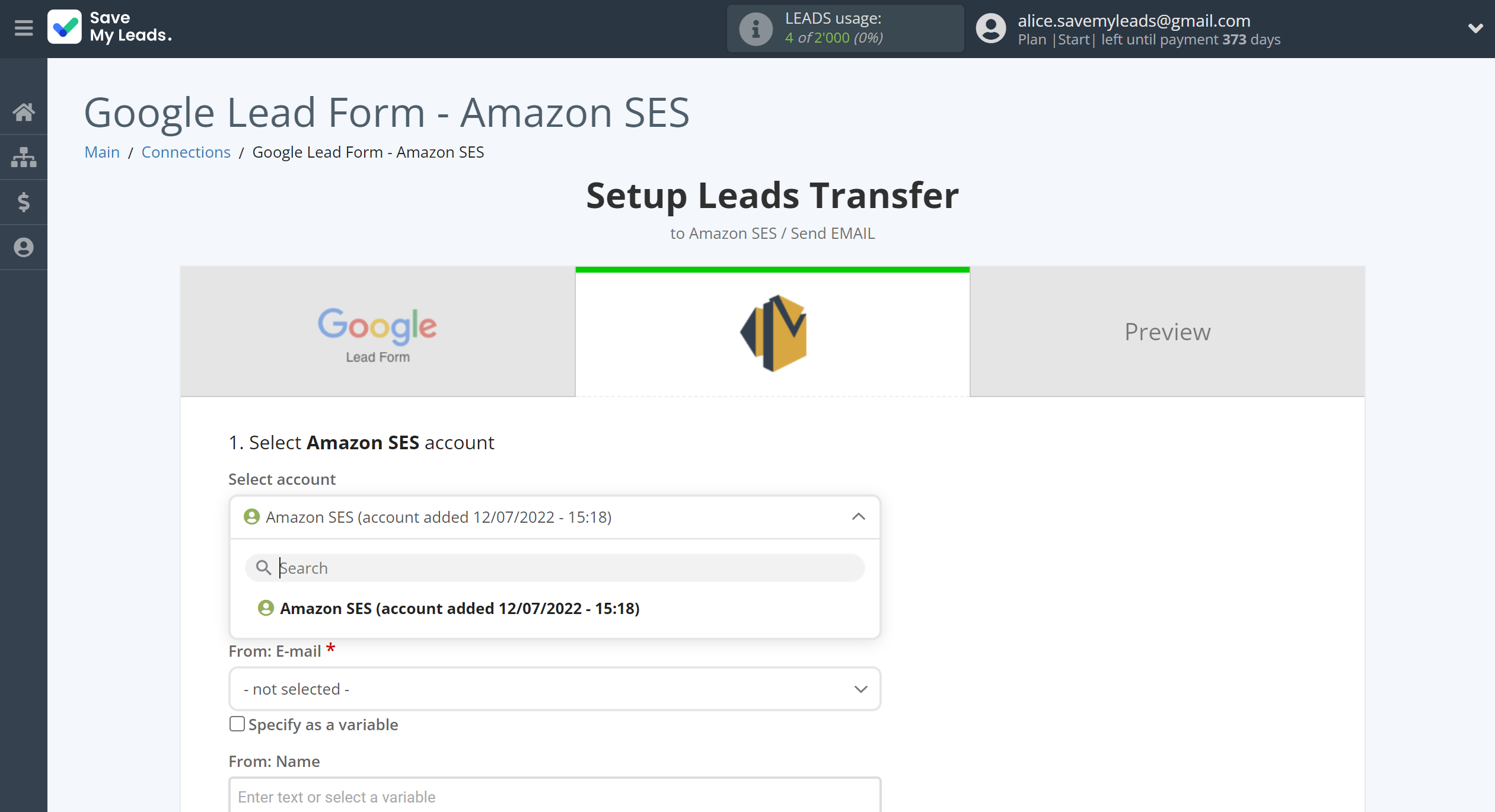 How to Connect Google Lead Form with Amazon SES | Data Destination account selection