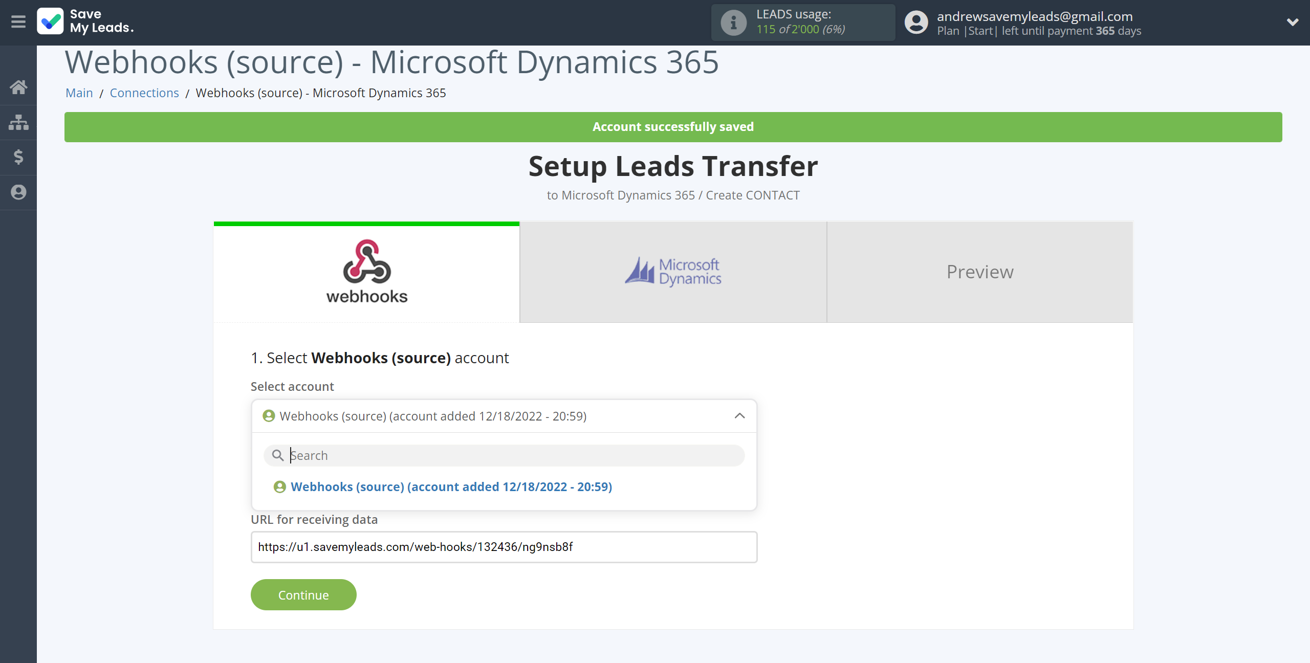 How to Connect Webhooks with Microsoft Dynamics 365 Create Contacts | Data Source account selection