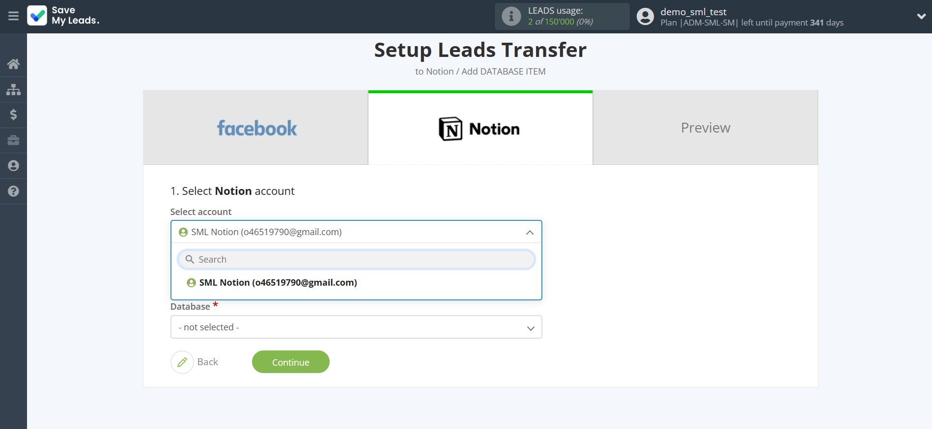 How to Connect Facebook with Notion | Data Destination account selection How to Connect Facebook with Notion | Data Destination account selection