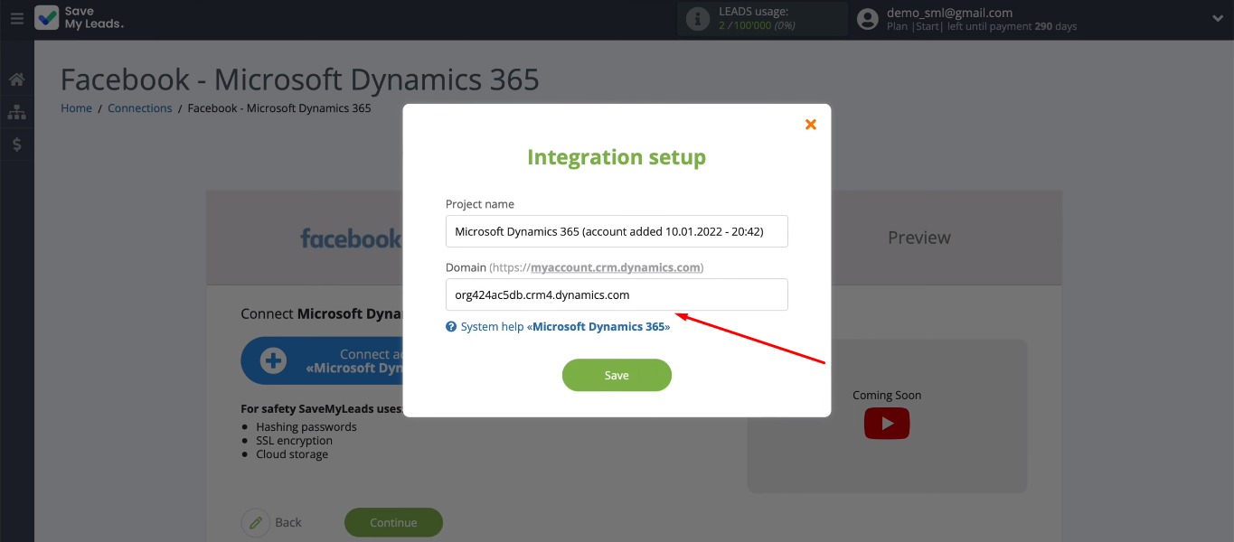 Facebook and Microsoft Dynamics 365 integration | Paste the domain