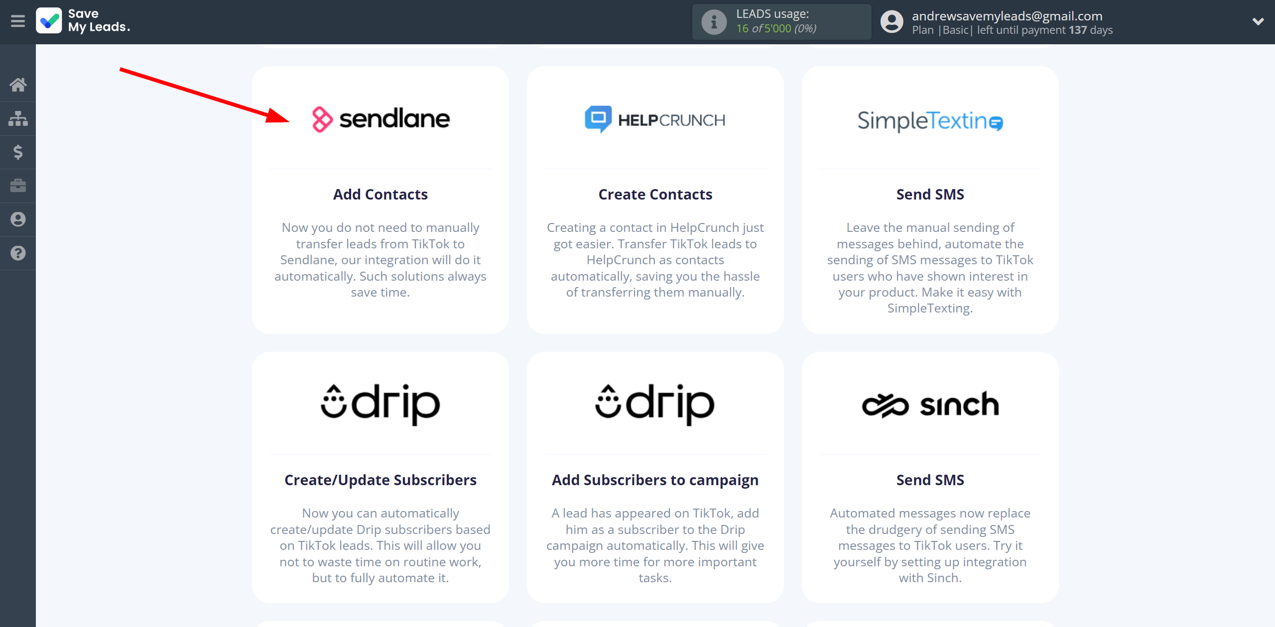 How to Connect TikTok with Sendlane Add Contacts | Data Destination system selection