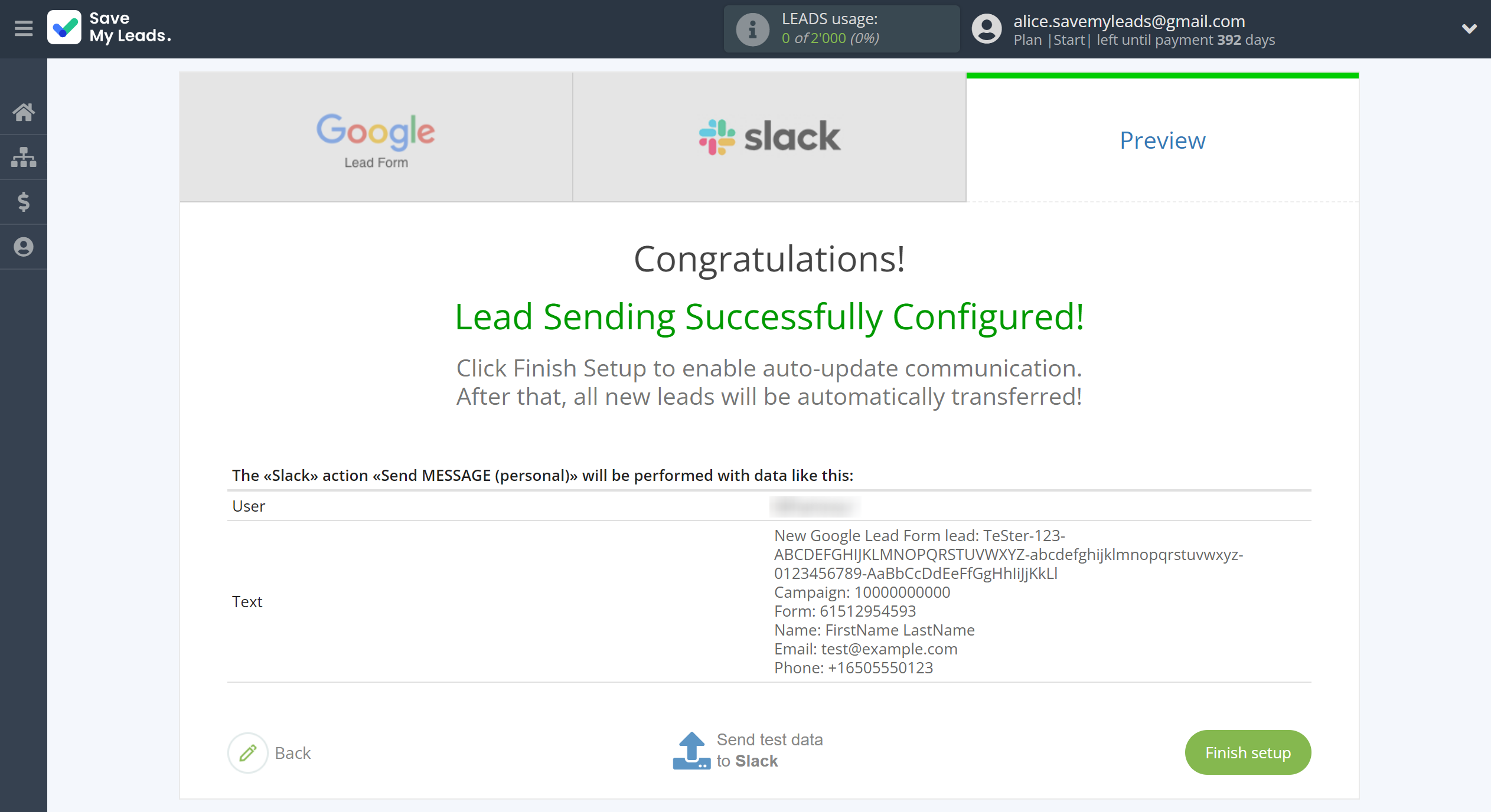 How to Connect Google Lead Form with Slack&nbsp;Personal Notification | Test data