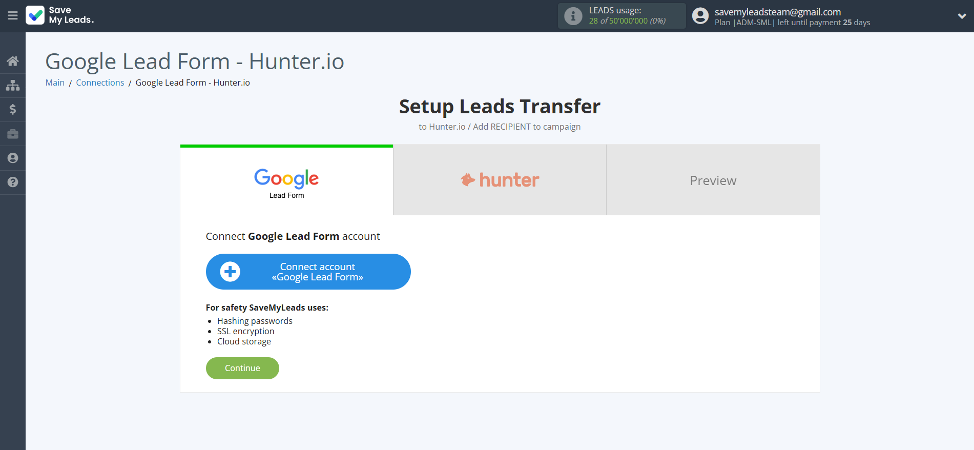 How to Connect Google Lead Form with Hunter.io Create Contact | Data Source account connection