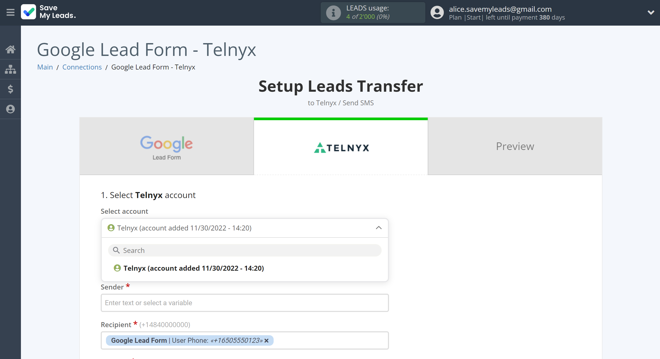 How to Connect Google Lead Form with Telnyx | Data Destination account selection