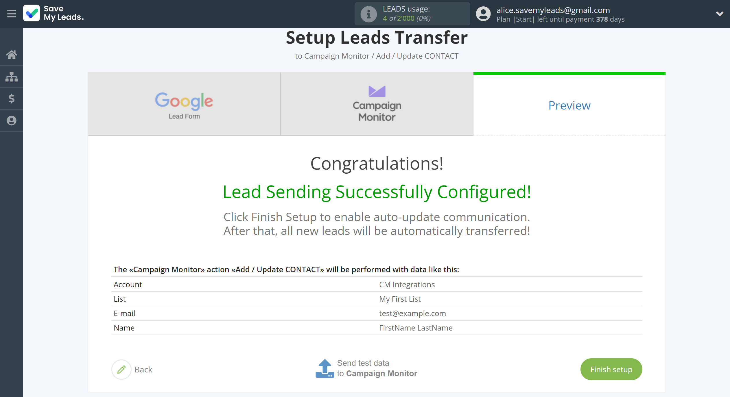 How to Connect Google Lead Form with Campaign Monitor | Test data