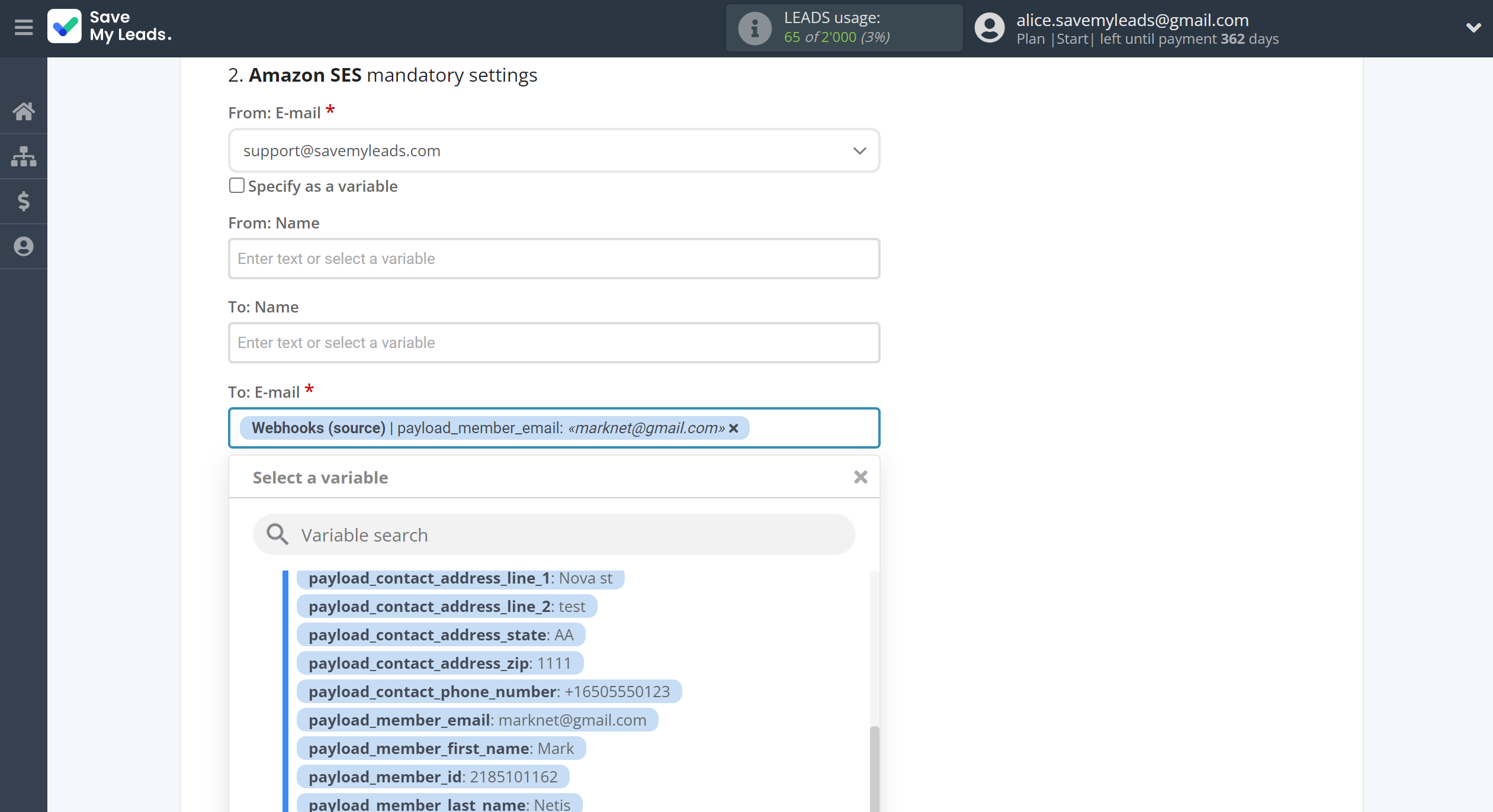 How to Connect Webhooks with Amazon SES | Assigning fields