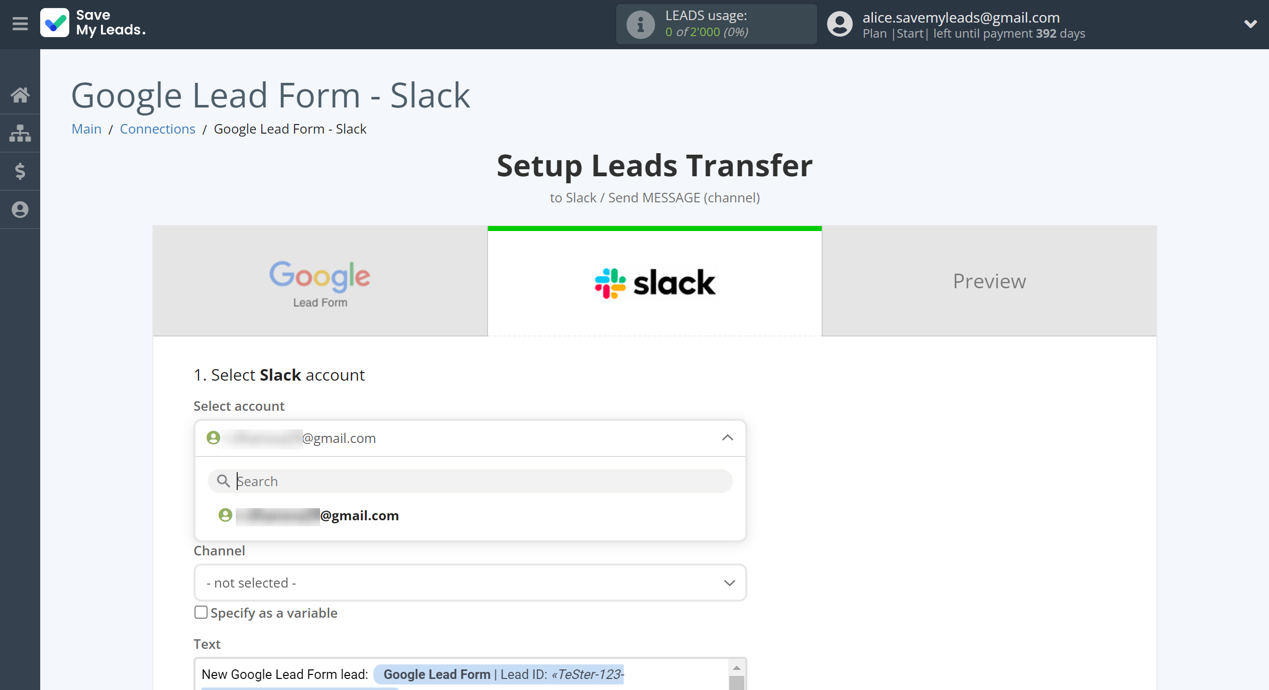 How to Connect Google Lead Form with Slack Channel Notification | Data Destination account selection