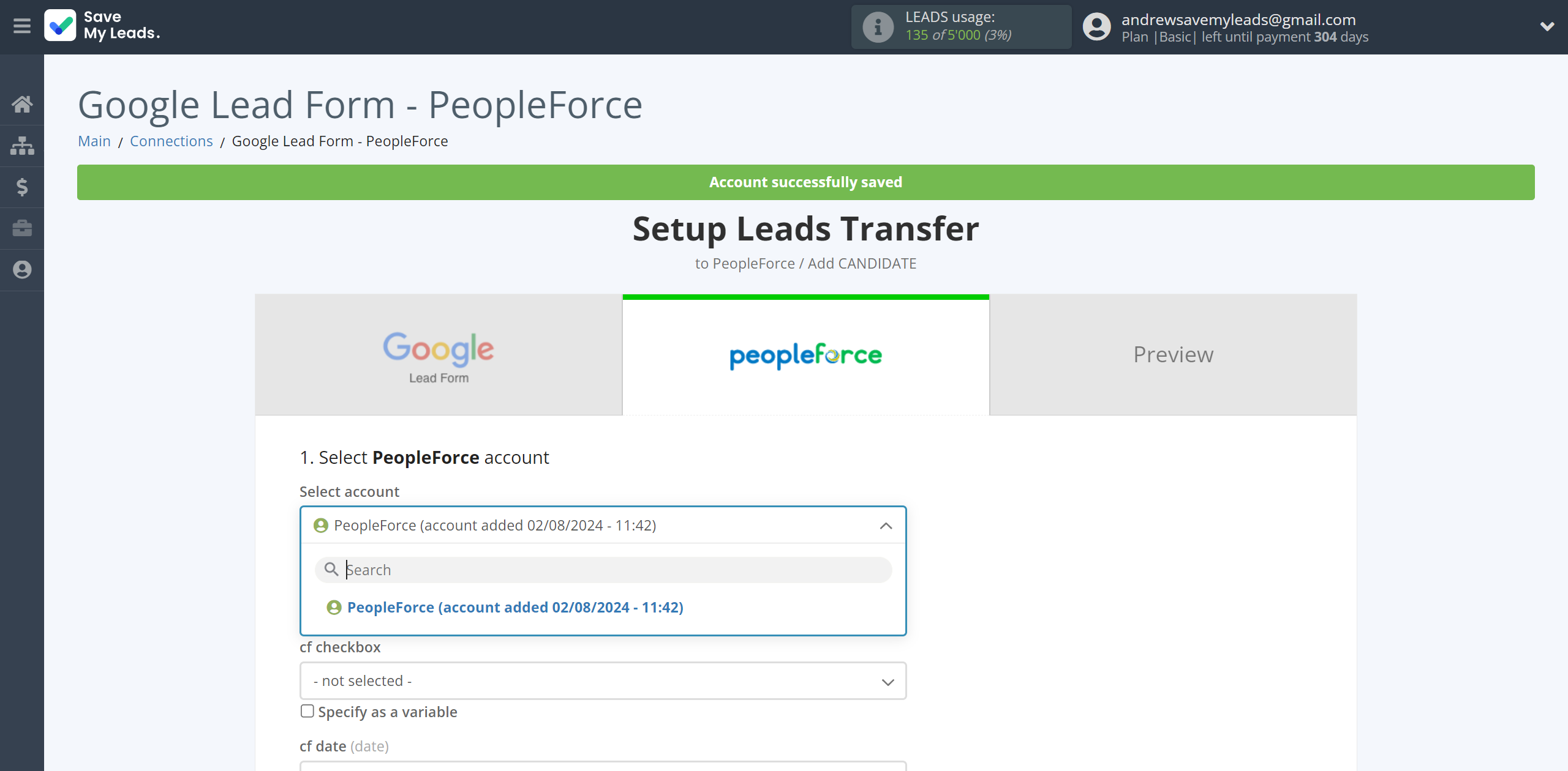 How to Connect Google Lead Form with PeopleForce Add Candidate | Data Destination account selection