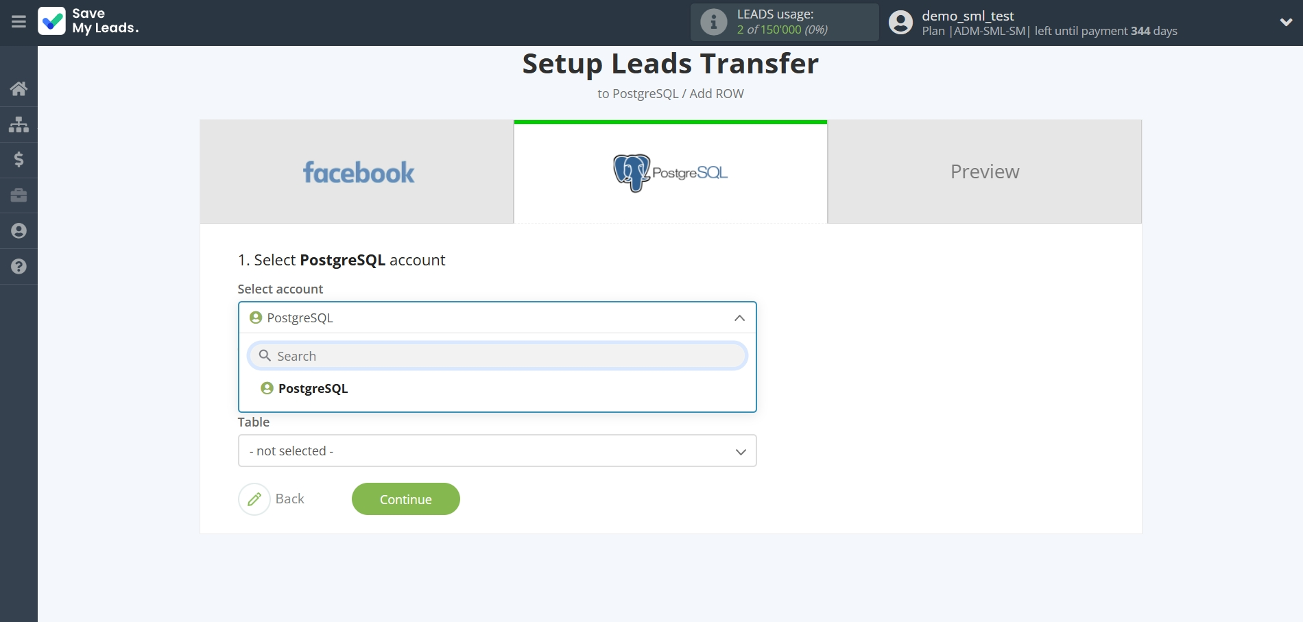 How to Connect Facebook with PostgreSQL | Data Destination account selection How to Connect Facebook with PostgreSQL | Data Destination account selection