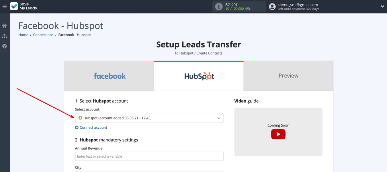 Facebook and HubSpot integration | Select account<br> Facebook and HubSpot integration | Select account<br>