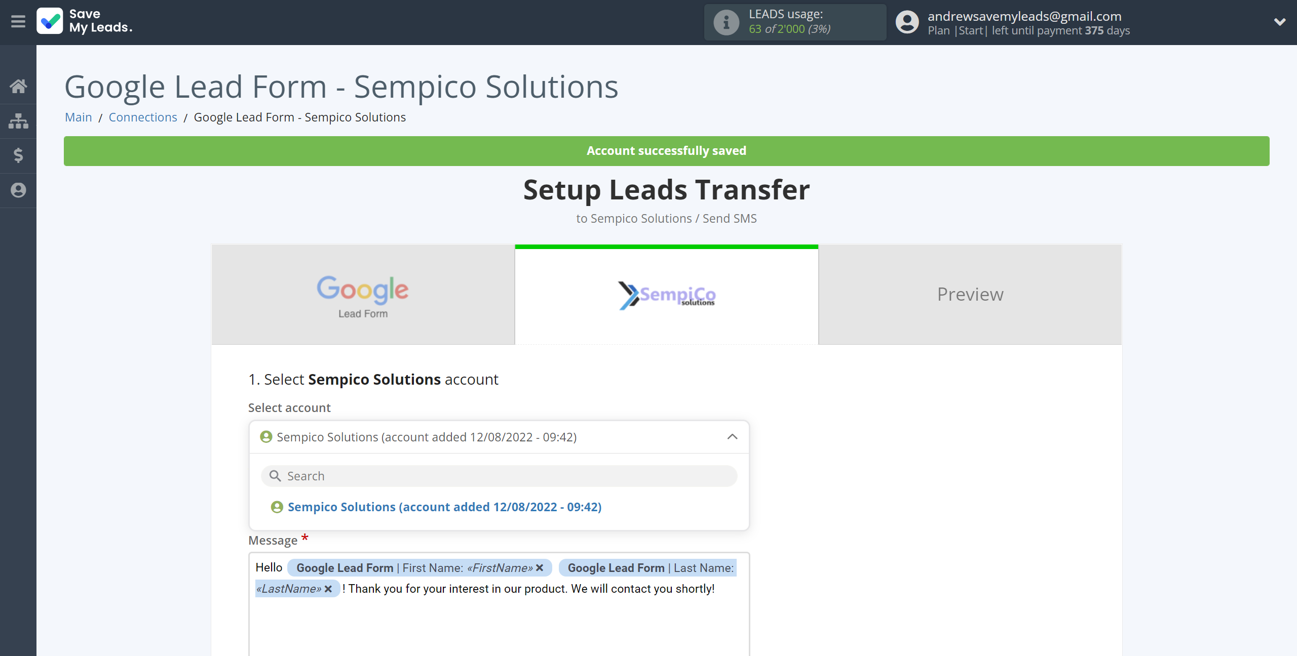How to Connect Google Lead Form with Sempico Solutions | Data Destination account selection