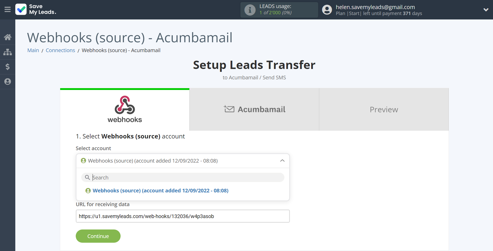 How to Connect Webhooks with Acumbamail Send SMS | Data Source account selection