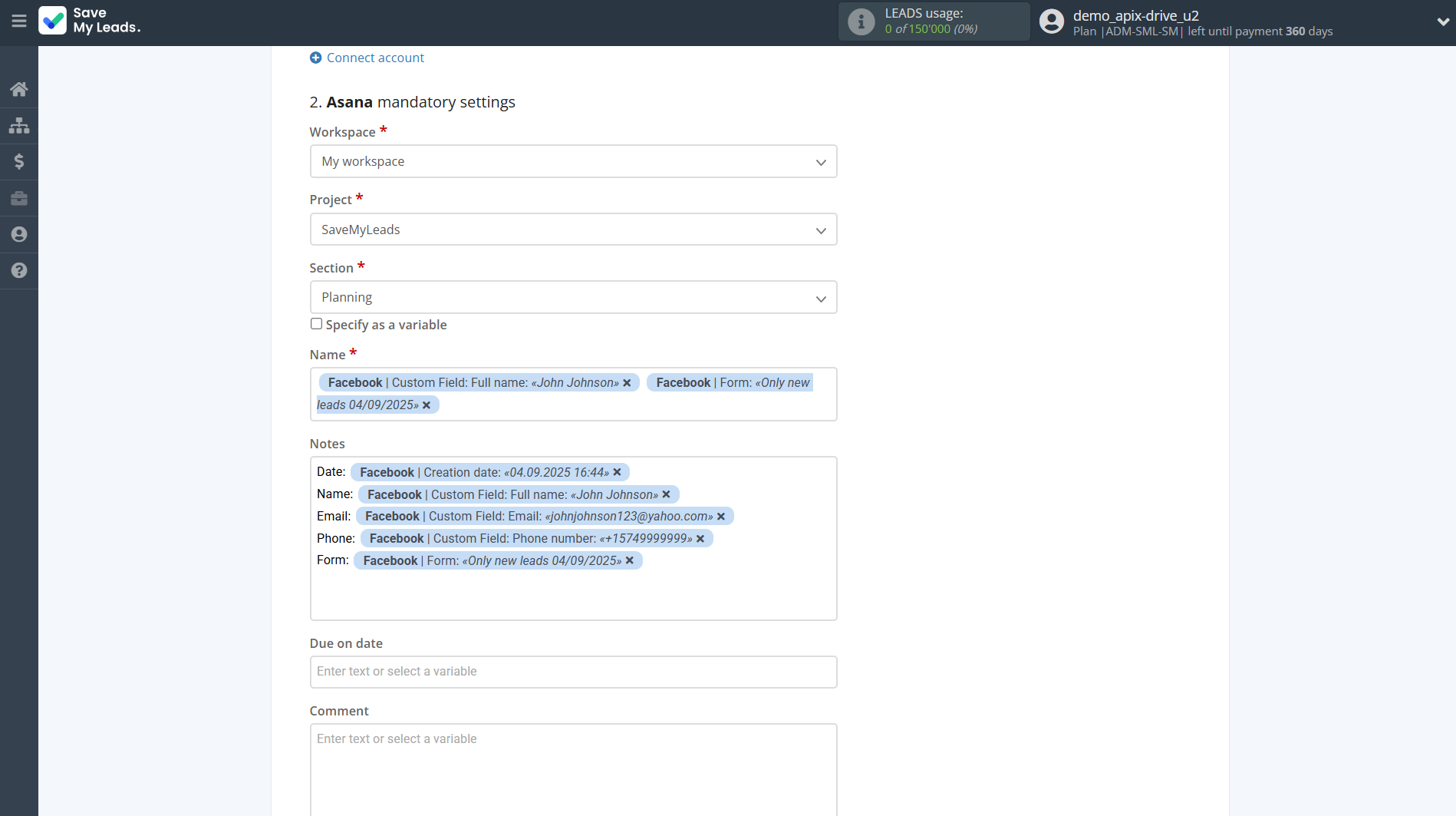 How to Connect Facebook with Asana | Assigning fields