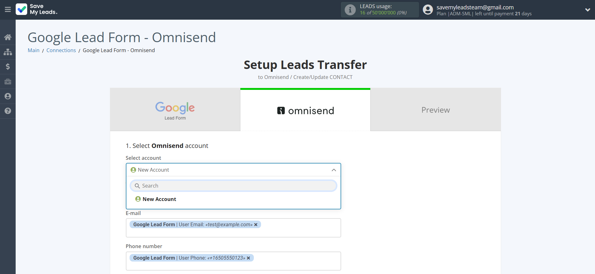 How to Connect Google Lead Form with Omnisend Create Contacts | Data Destination account selection