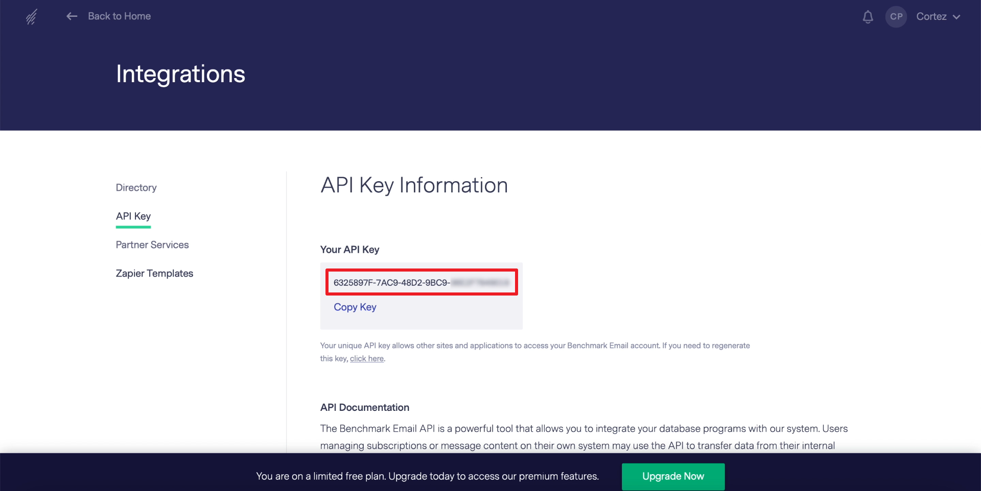 Facebook and Benchmark integration | Place to find and copy API Key