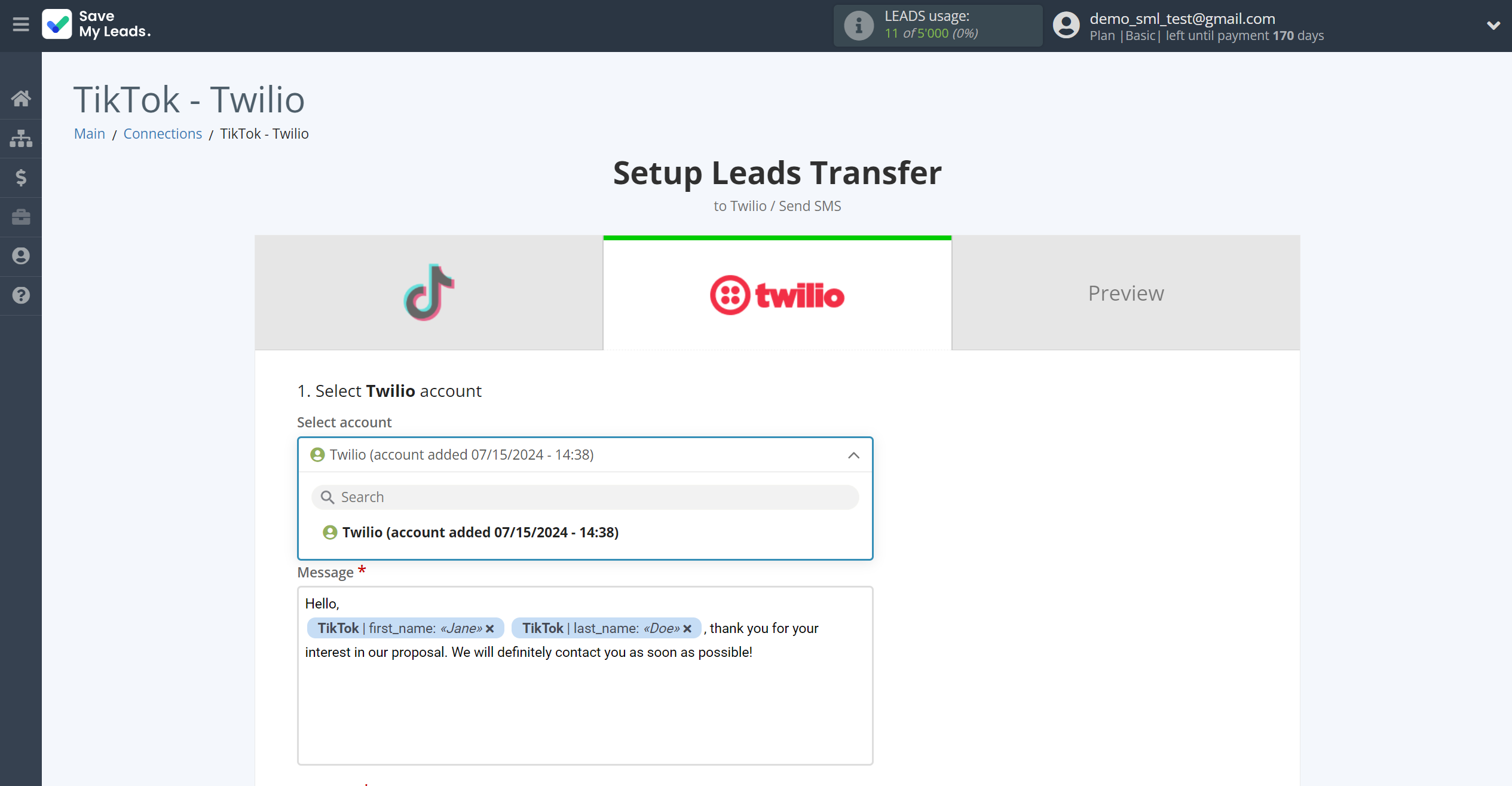 How to Connect&nbsp;TikTok with Twilio | Data Destination account selection