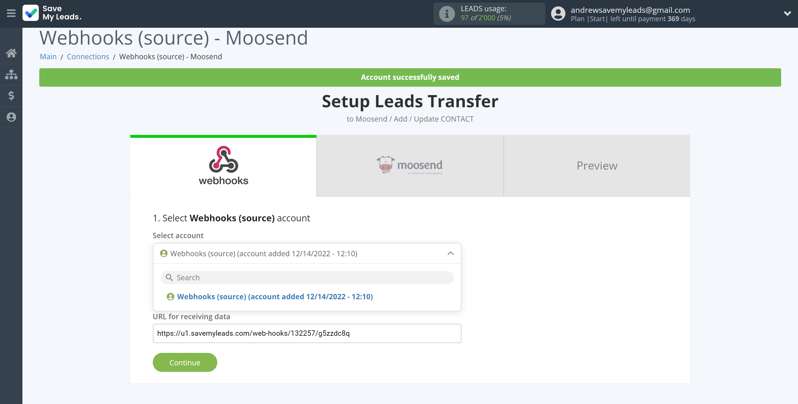 How to Connect Webhooks with Moosend | Data Source account selection