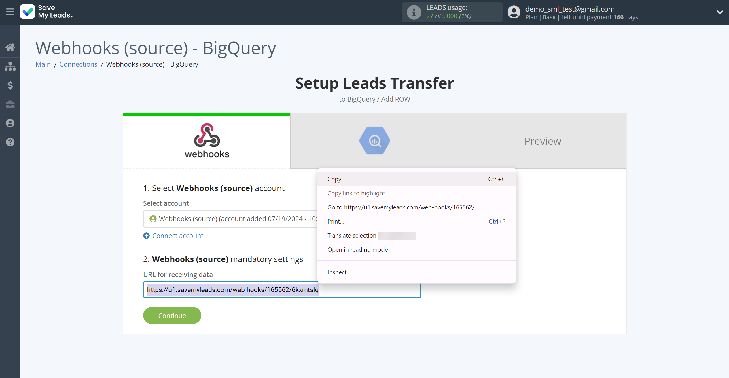 How to Connect Webhooks with&nbsp;BigQuery | Data Source account connection