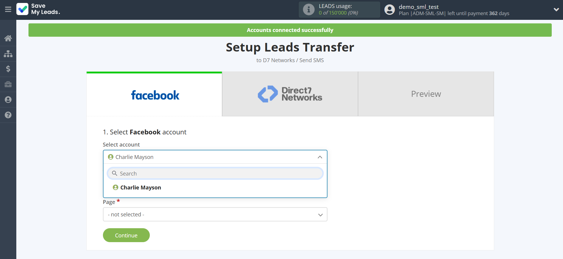 How to Connect Facebook with D7 Networks | Data Source account selection