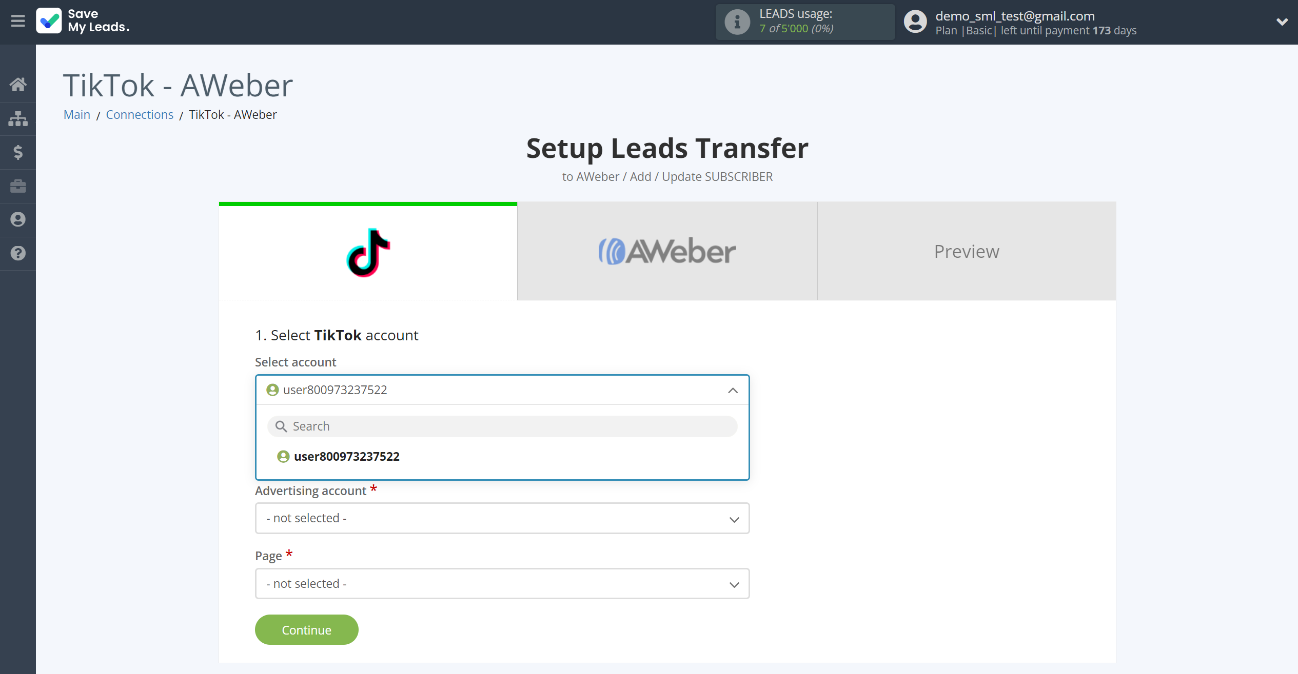 How to Connect TikTok with AWeber | Data Source account selection